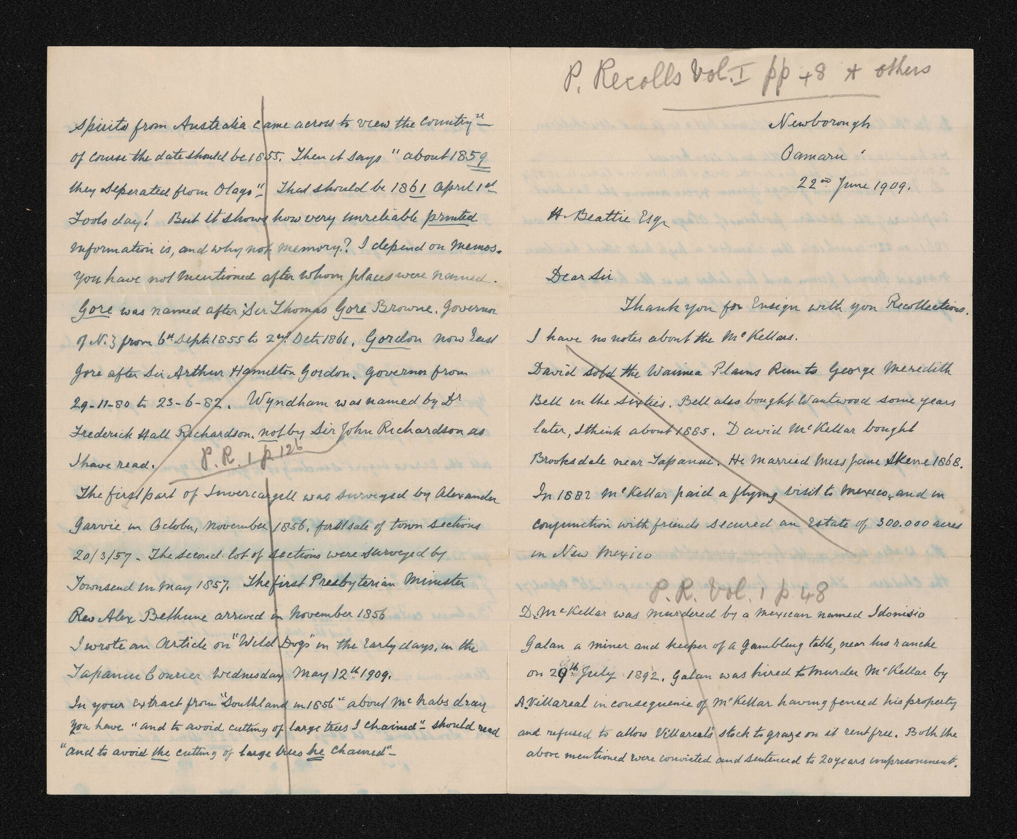 Letter, 22 June 1909, from W.H.S. Roberts, to Herries Beattie