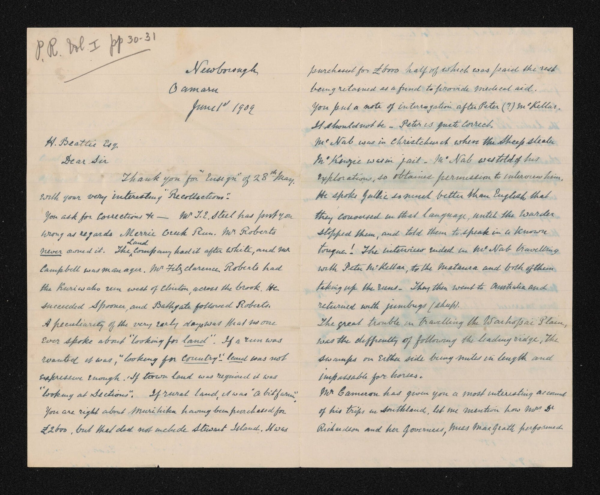 Letter, 1 June 1909, from W.H.S. Roberts, to Herries Beattie