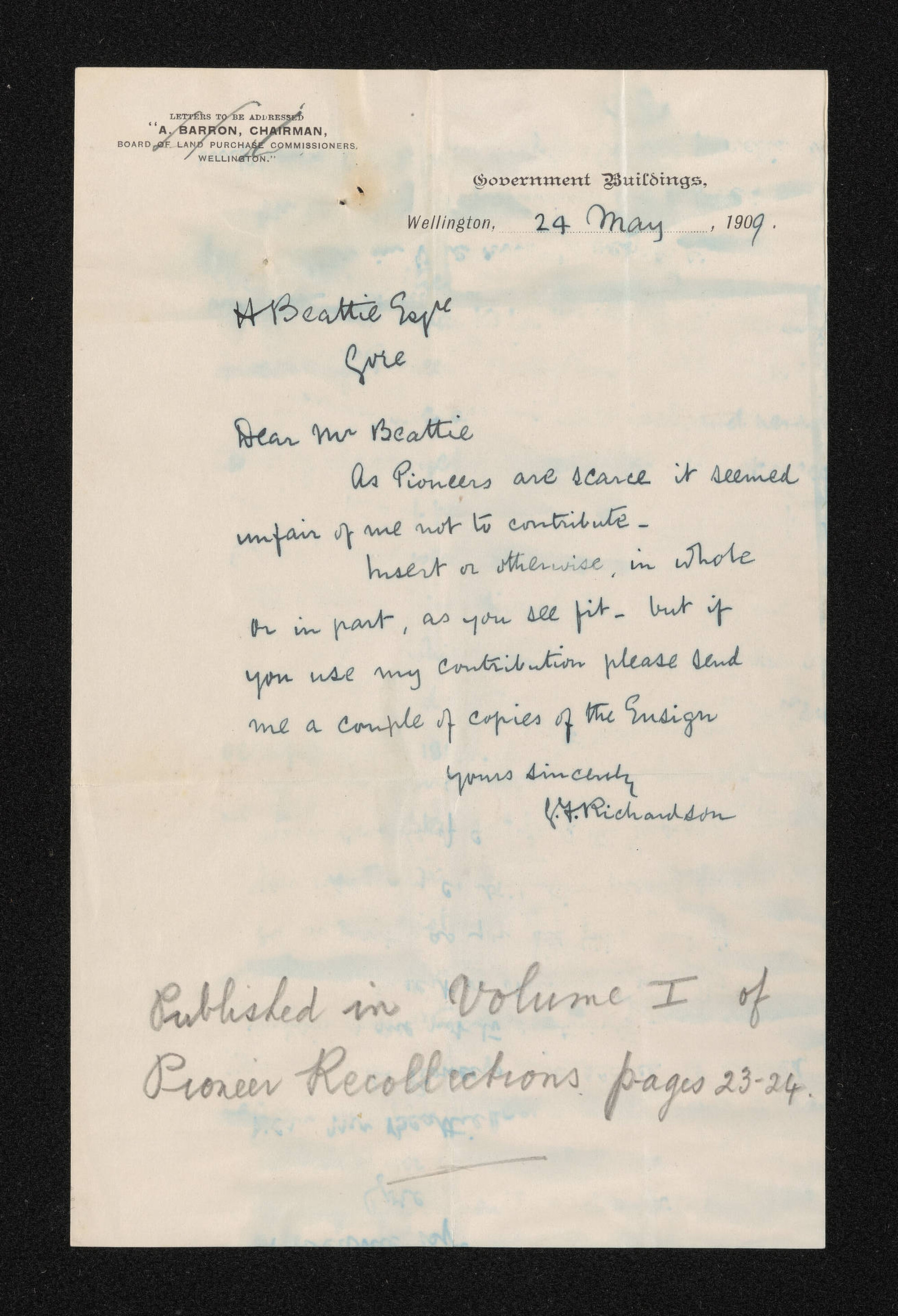 Letter, 24 May 1909, from G.F. Richardson, to Herries Beattie
