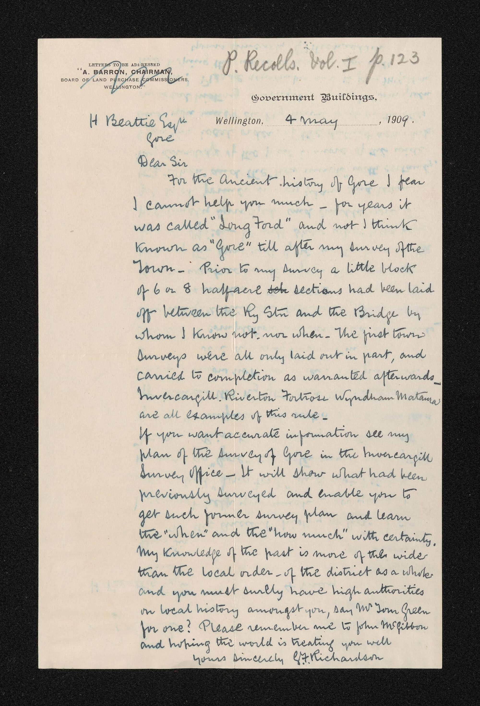 Letter, 4 May 1909, from G.F. Richardson, to Herries Beattie
