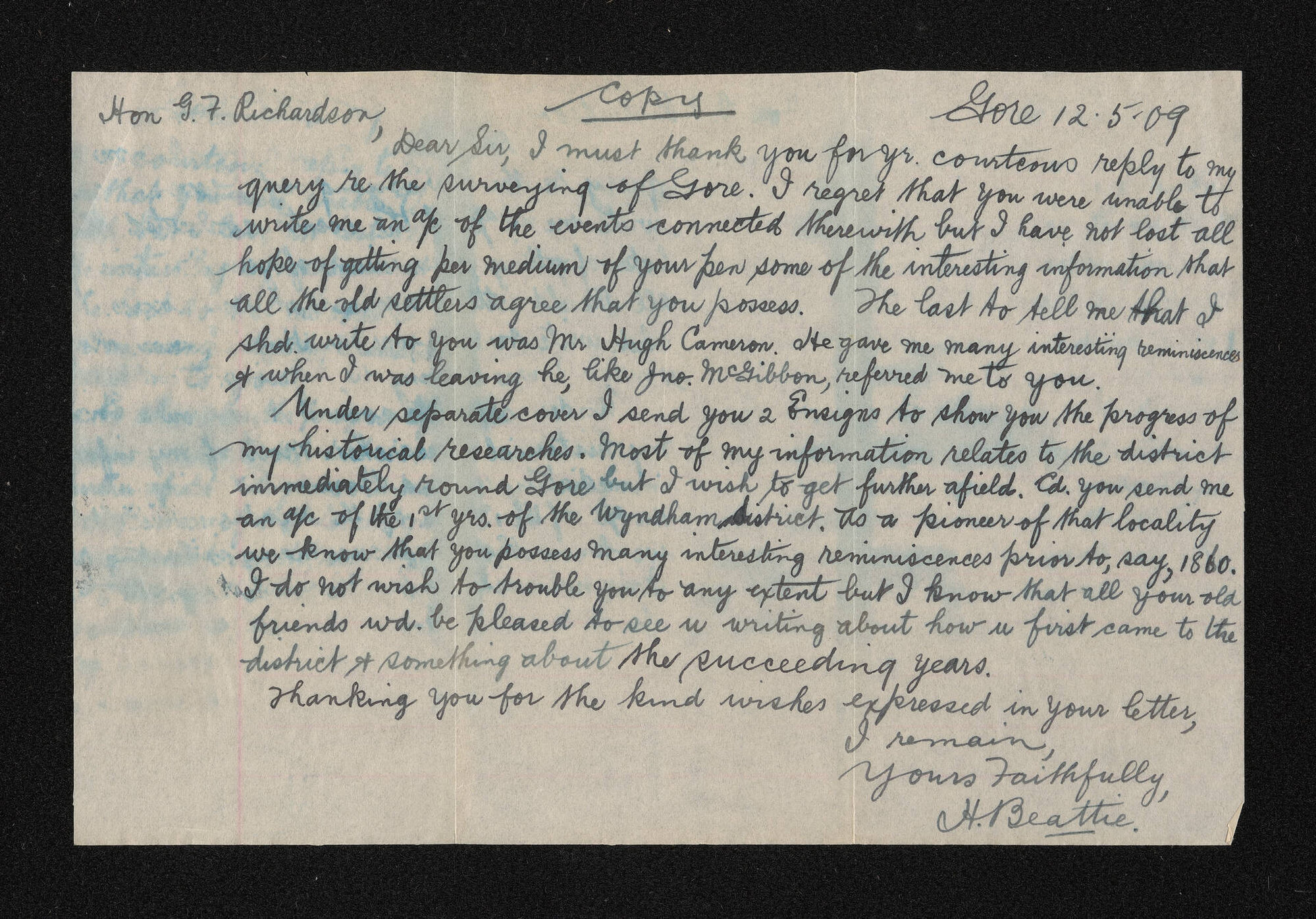 Copy of letter, 12 May 1909, from Herries Beattie, to G.F. Richardson