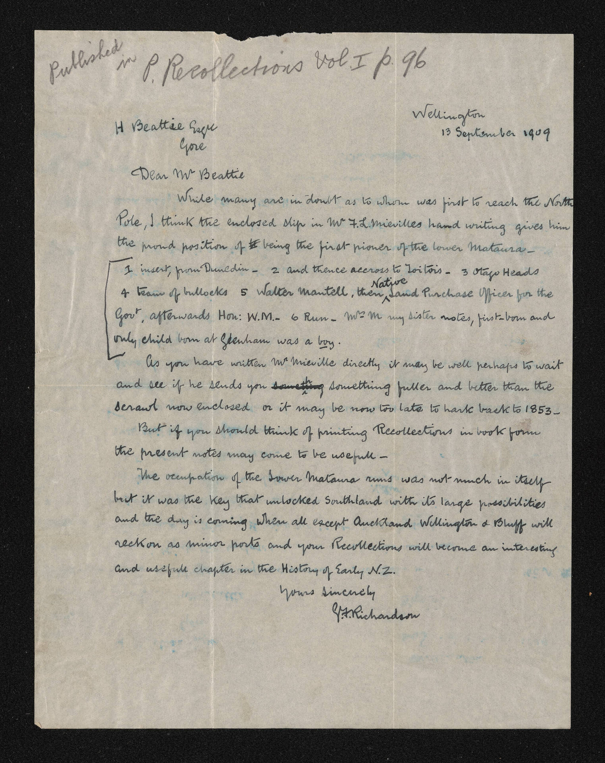Letter, 13 September 1909, from G.F. Richardson, to Herries Beattie, with enclosure from Frederick Louis Mieville