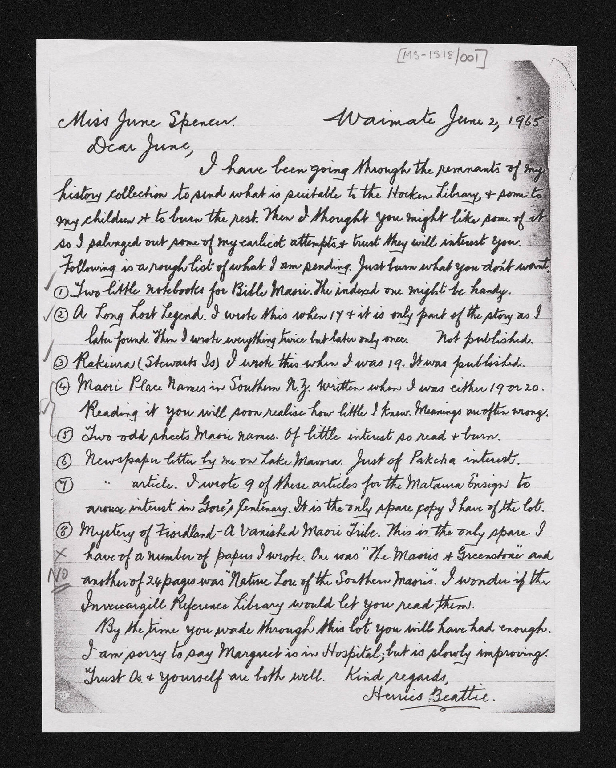 Photocopy of a letter, 2 June 1965, from Herries Beattie, to June Spencer