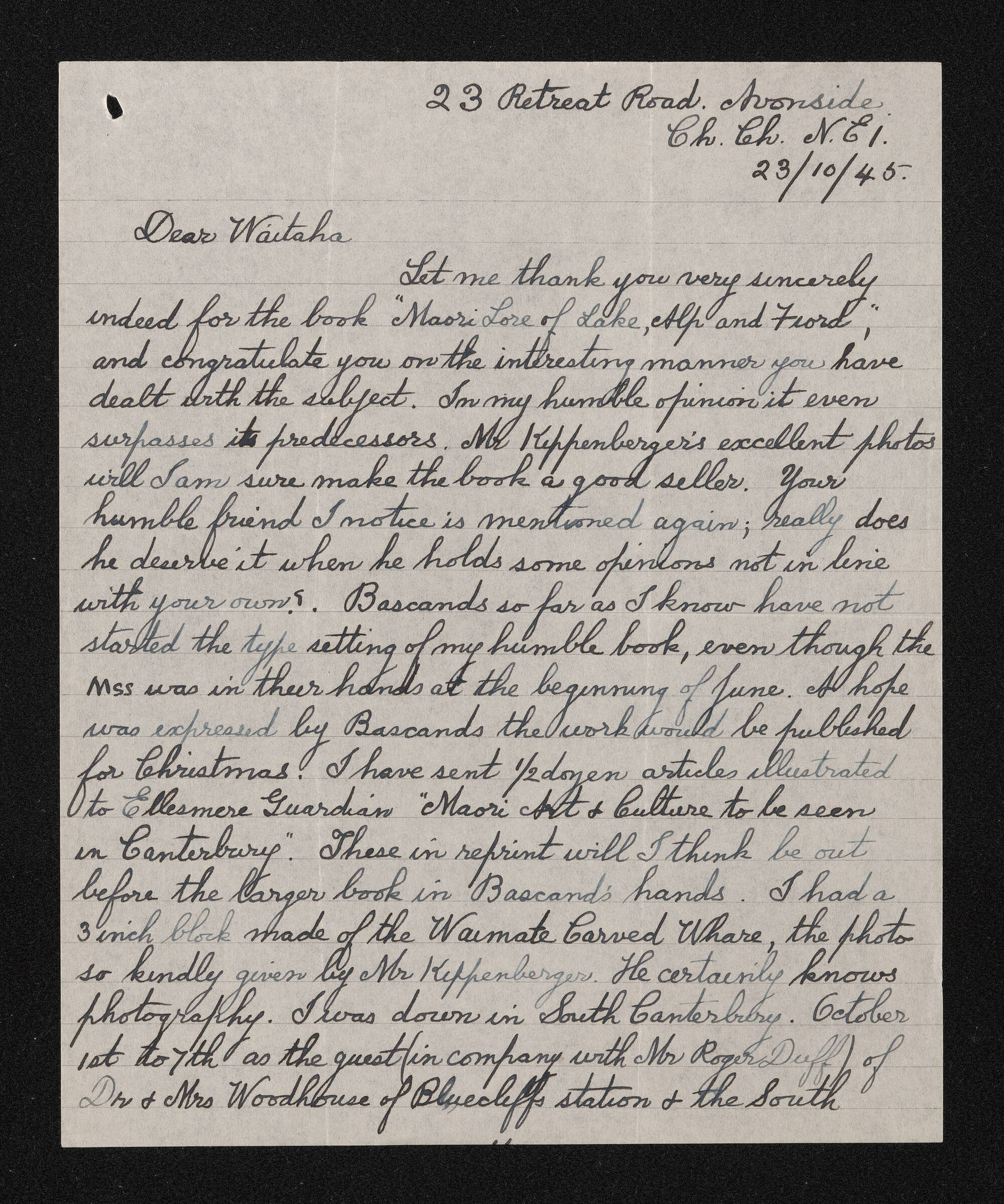 Letter, 23 October 1945, from Wiremu Teira, to Waitaha [Herries Beattie]