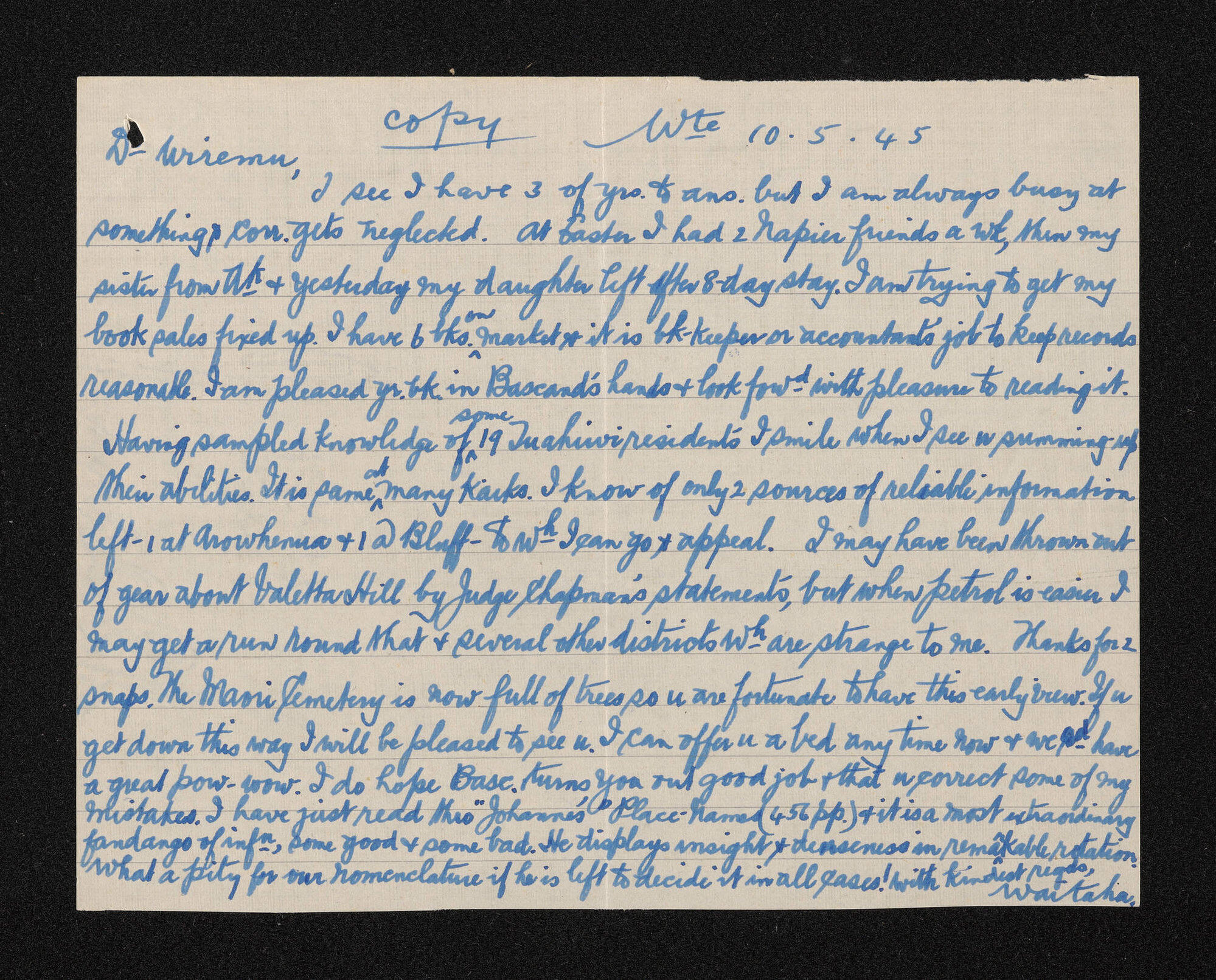 Letter [copy], 10 May 1945, from Waitaha [Beattie], to Wiremu [Taylor]