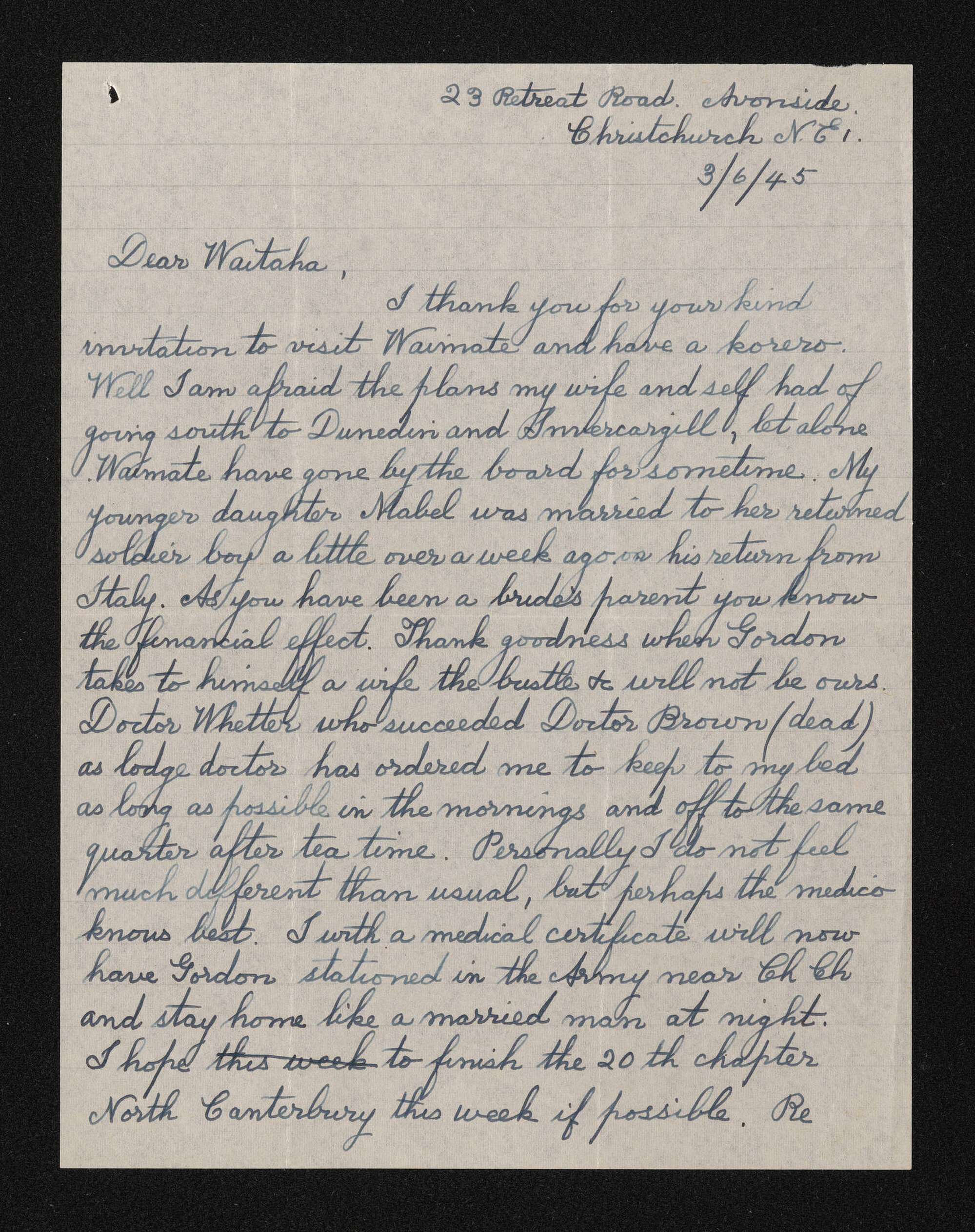Letter, 3 June 1945, from Wiremu Teira, to Waitaha [Herries Beattie]