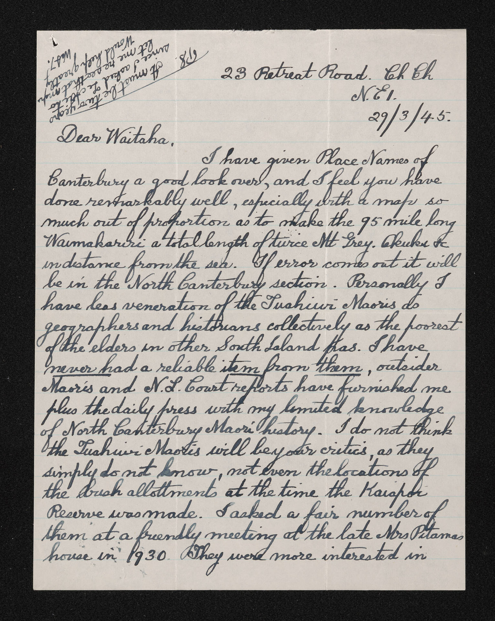 Letter, 29 March 1945, from Wiremu Teira, to Waitaha [Herries Beattie]