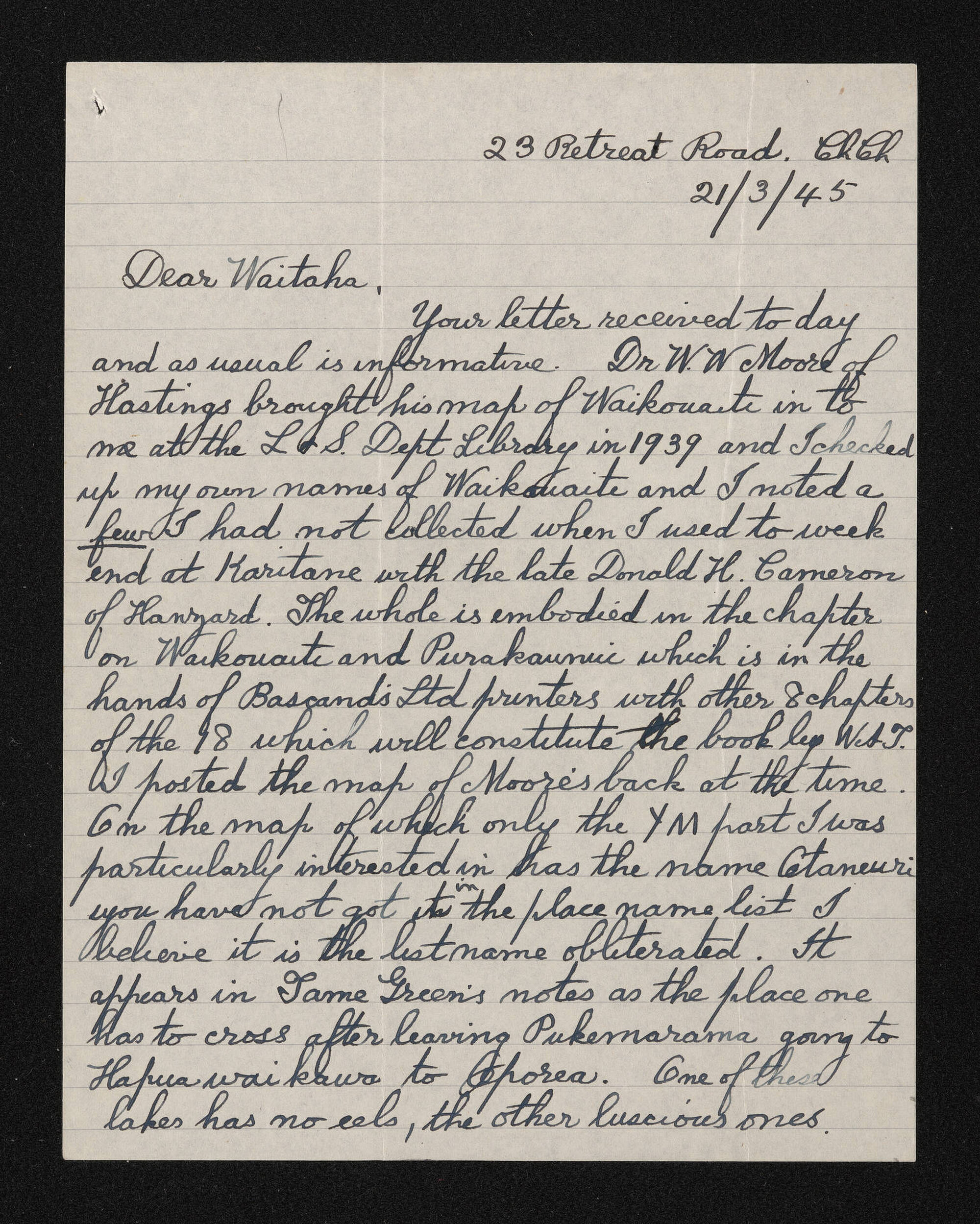 Letter, 21 March 1945, from Wiremu Teira, to Waitaha [Herries Beattie]