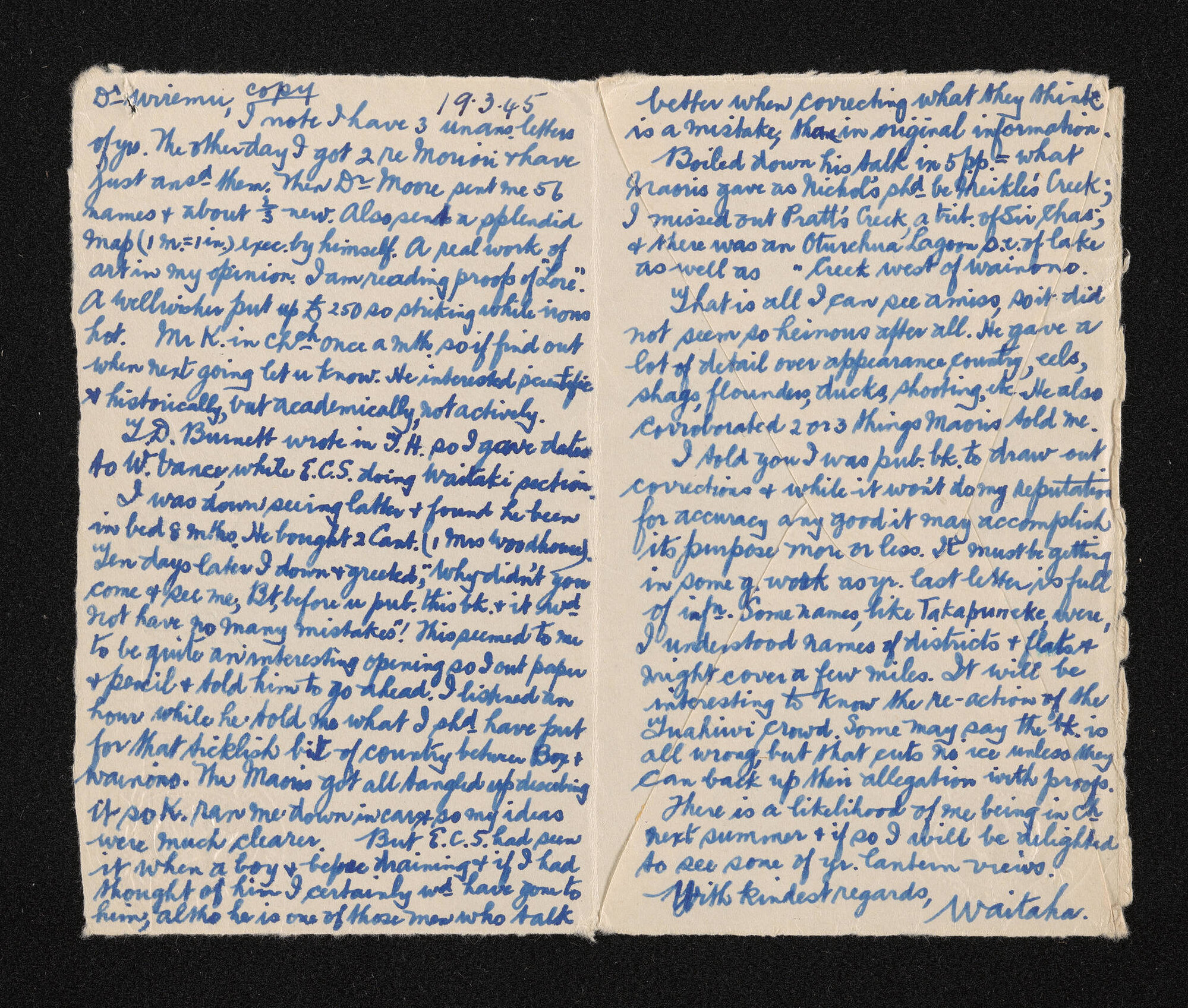 Letter [copy], 19 March 1945, from Waitaha [Beattie], to Wiremu [Taylor]