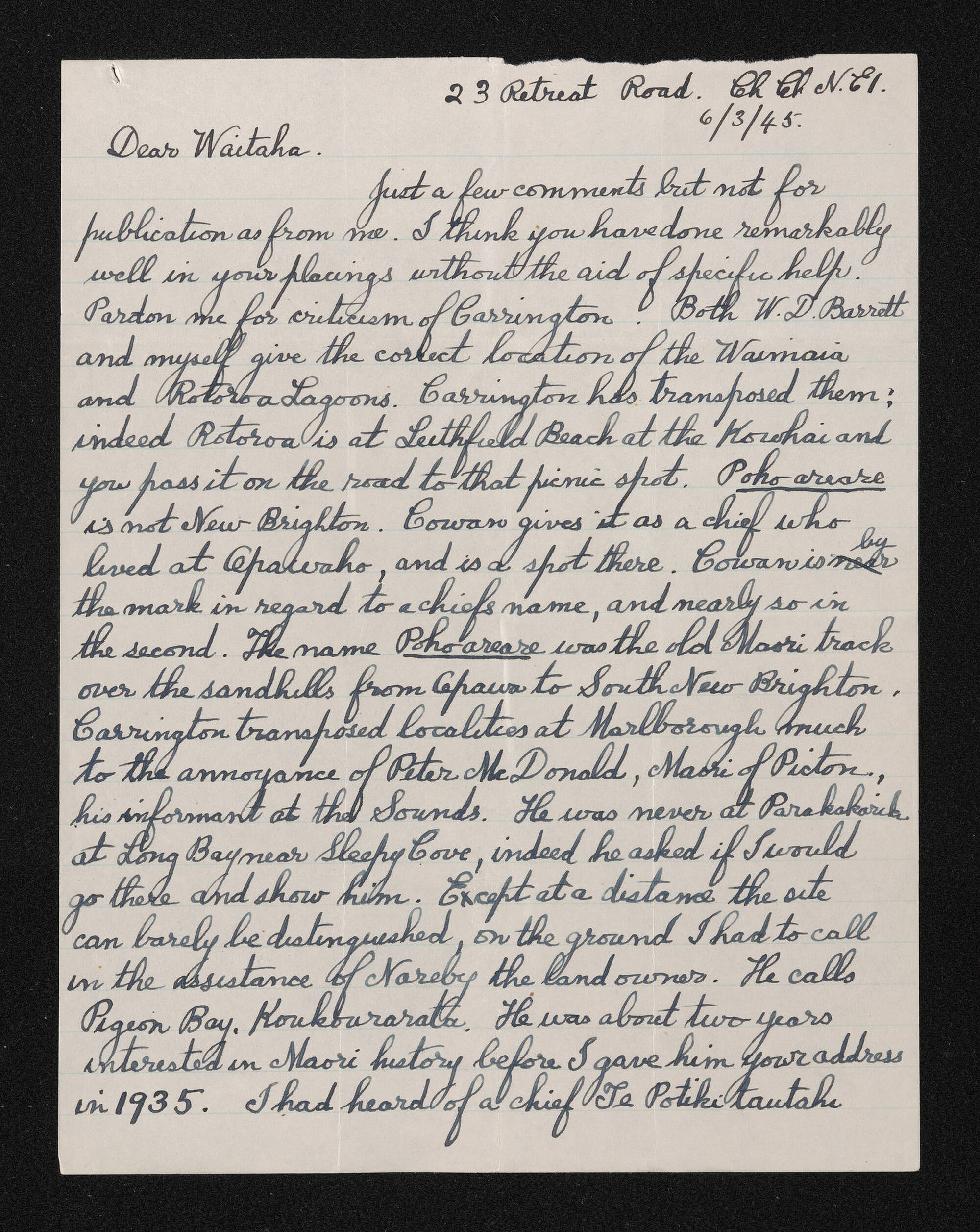 Letter, 6 March 1945, from Wiremu Teira, to Waitaha [Herries Beattie]