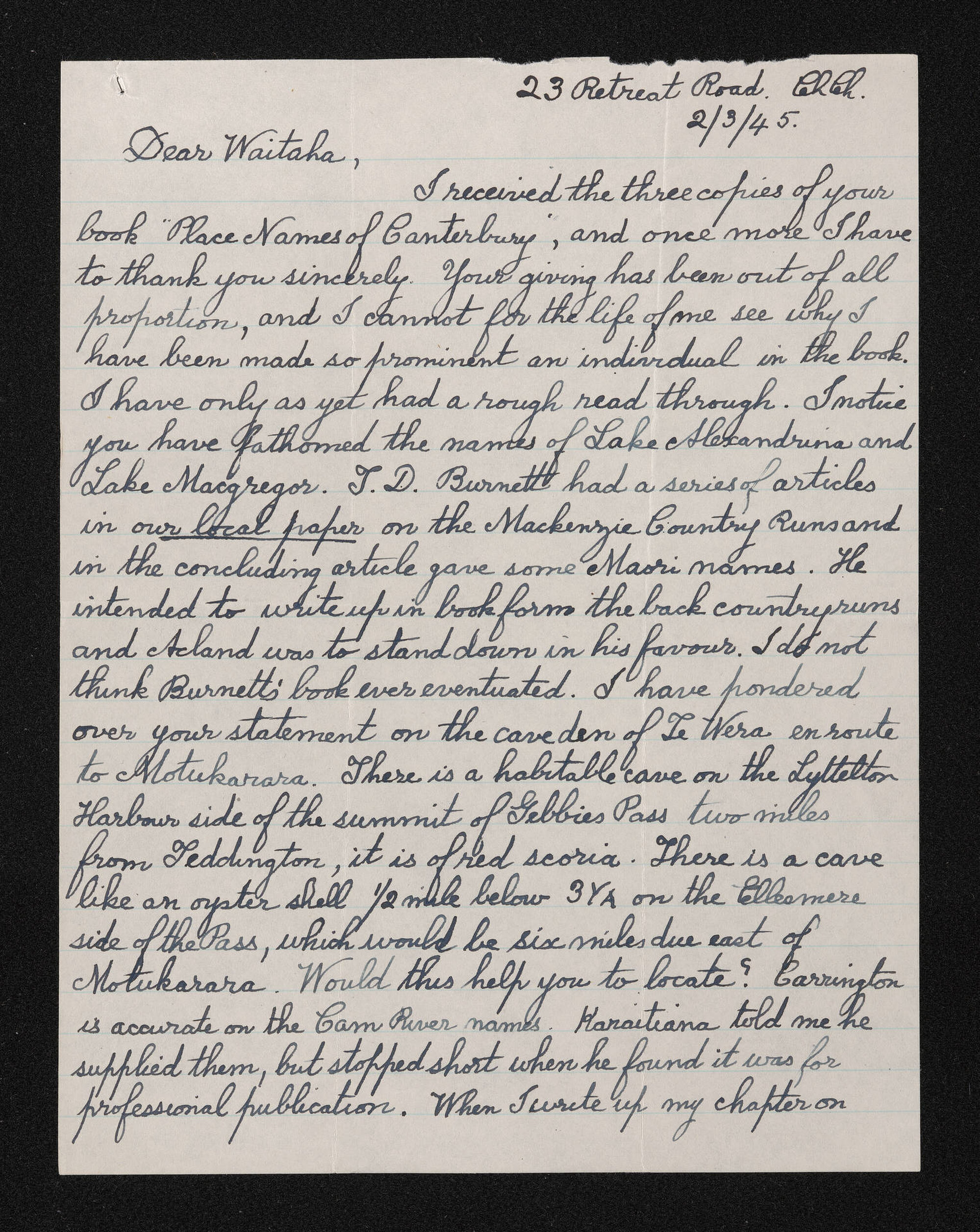 Letter, 2 March 1945, from Wiremu Teira, to Waitaha [Herries Beattie]