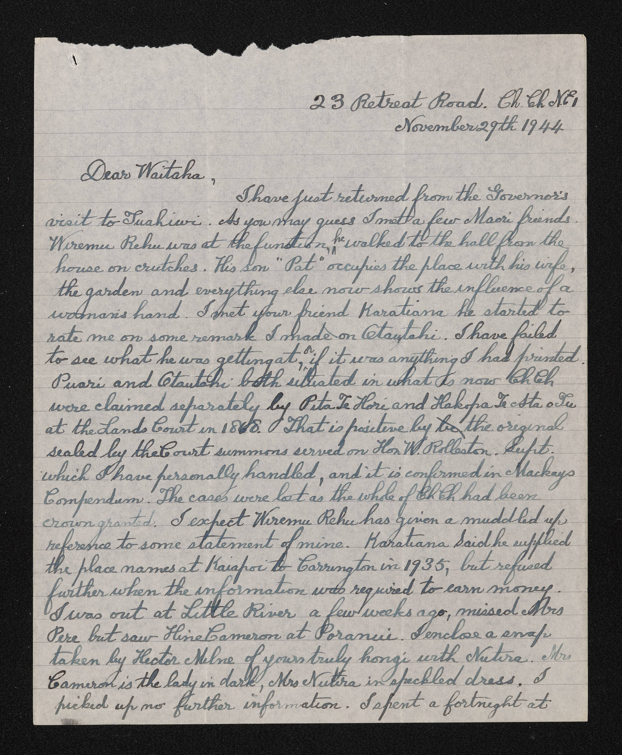 Letter, 29 November 1944, from Wiremu Teira, to Waitaha [Herries Beattie]