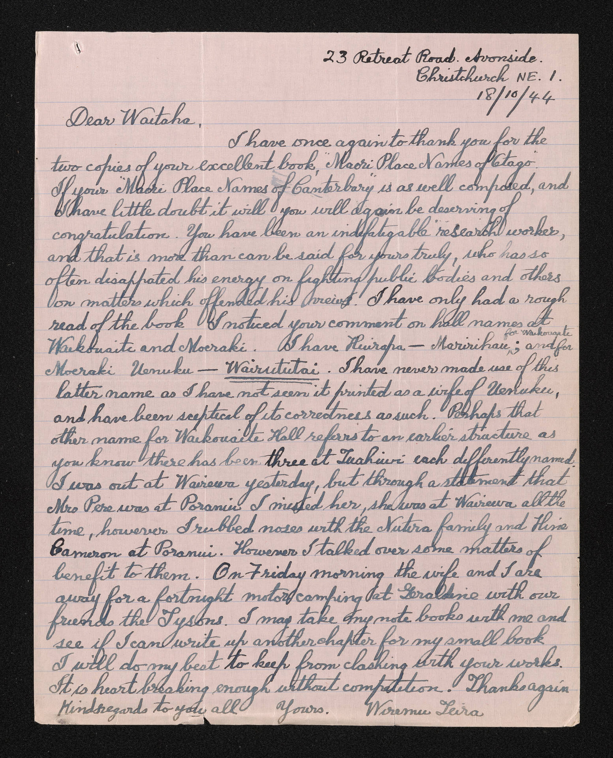 Letter, 18 October 1944, from Wiremu Teira, to Waitaha [Herries Beattie]