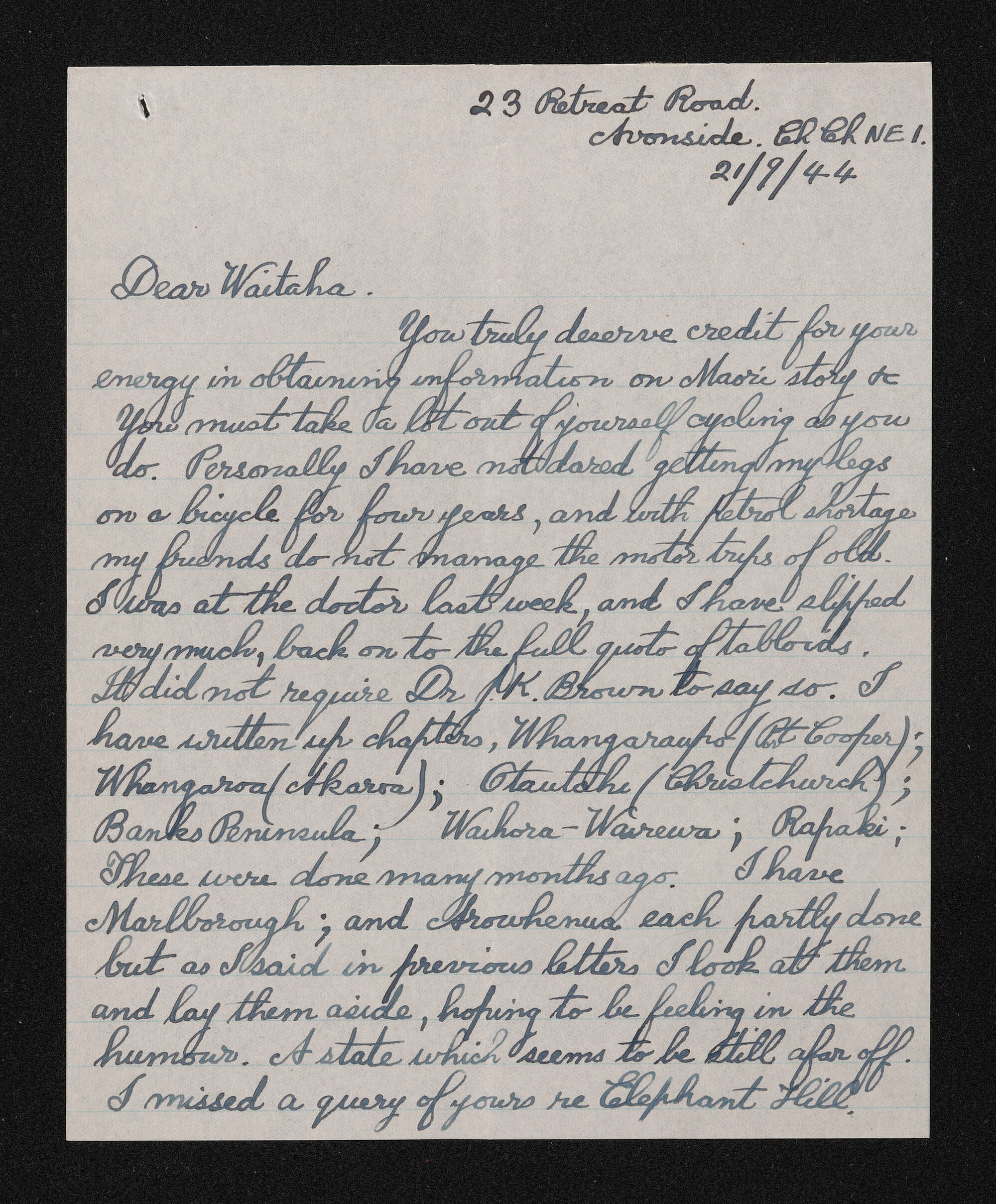 Letter, 21 September 1944, from Wiremu Teira, to Waitaha [Herries Beattie]