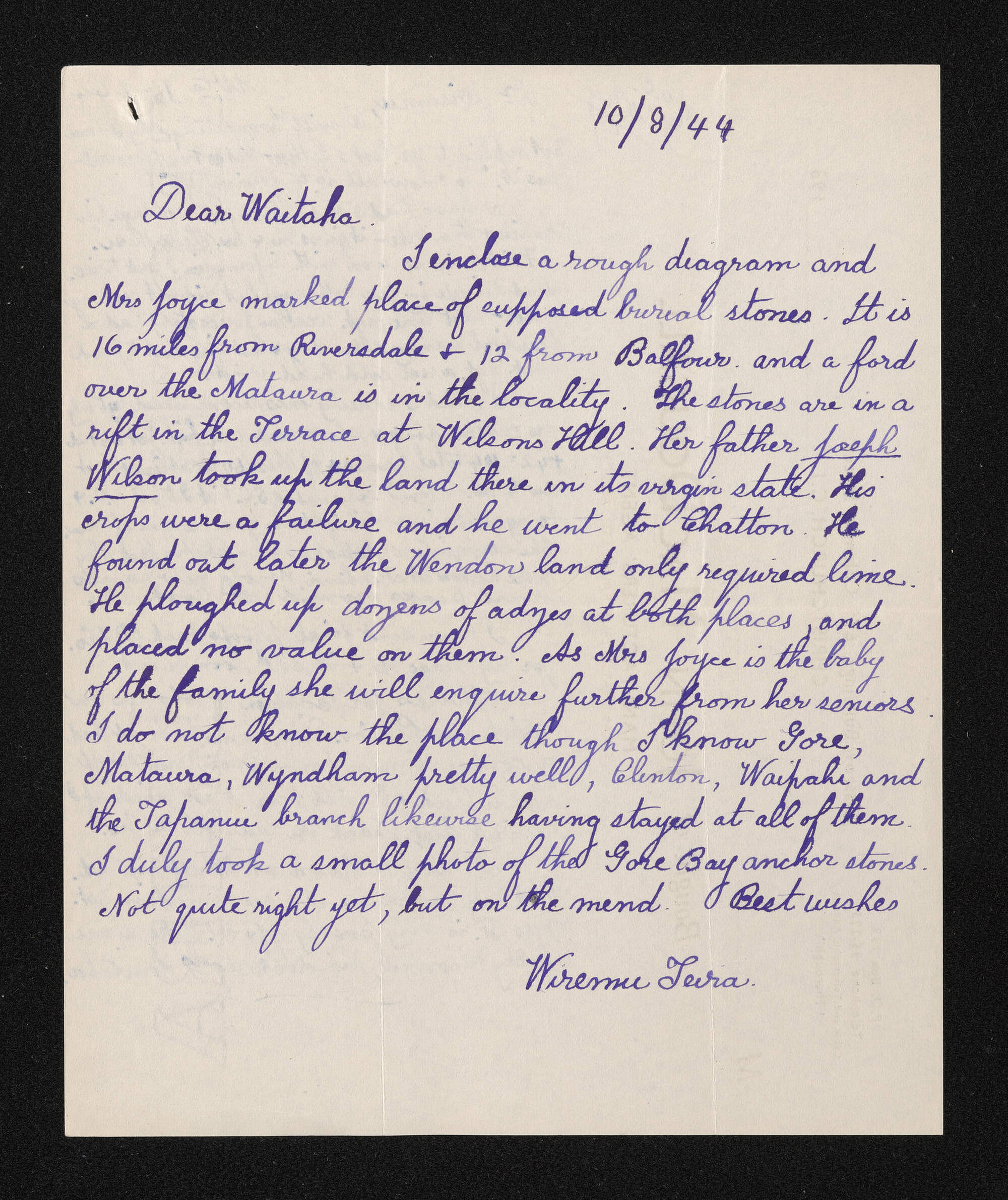 Letter, 10 August 1944, from Wiremu Teira, to Waitaha [Herries Beattie]