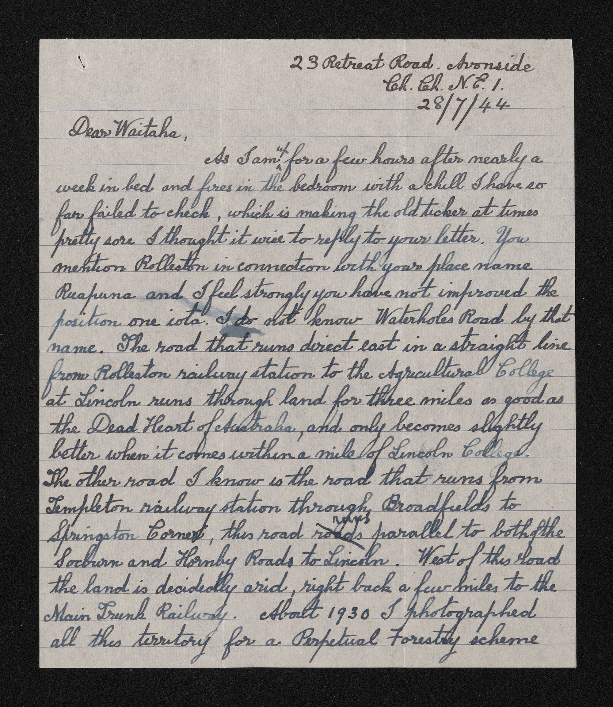 Letter, 28 July 1944, from Wiremu Teira, to Waitaha [Herries Beattie]