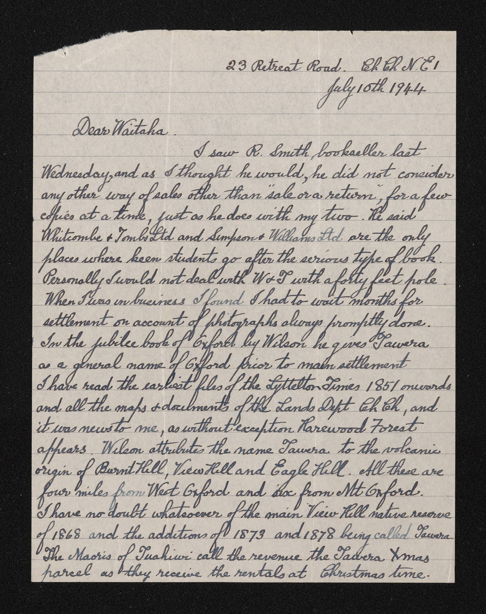 Letter, 10 July 1944, from Wiremu Teira, to Waitaha [Herries Beattie]