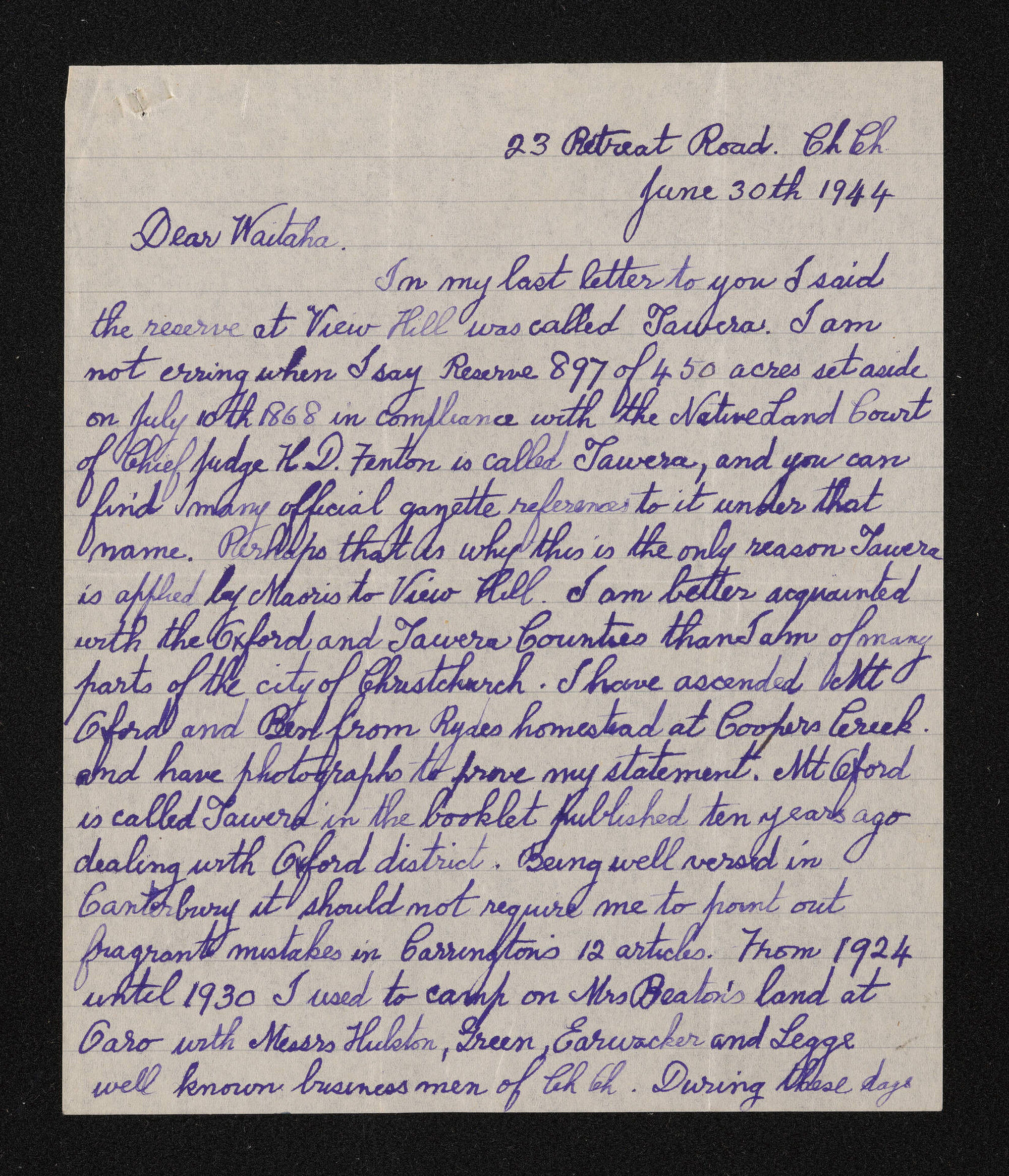 Letter, 30 June 1944, from Wiremu Teira, to Waitaha [Herries Beattie]