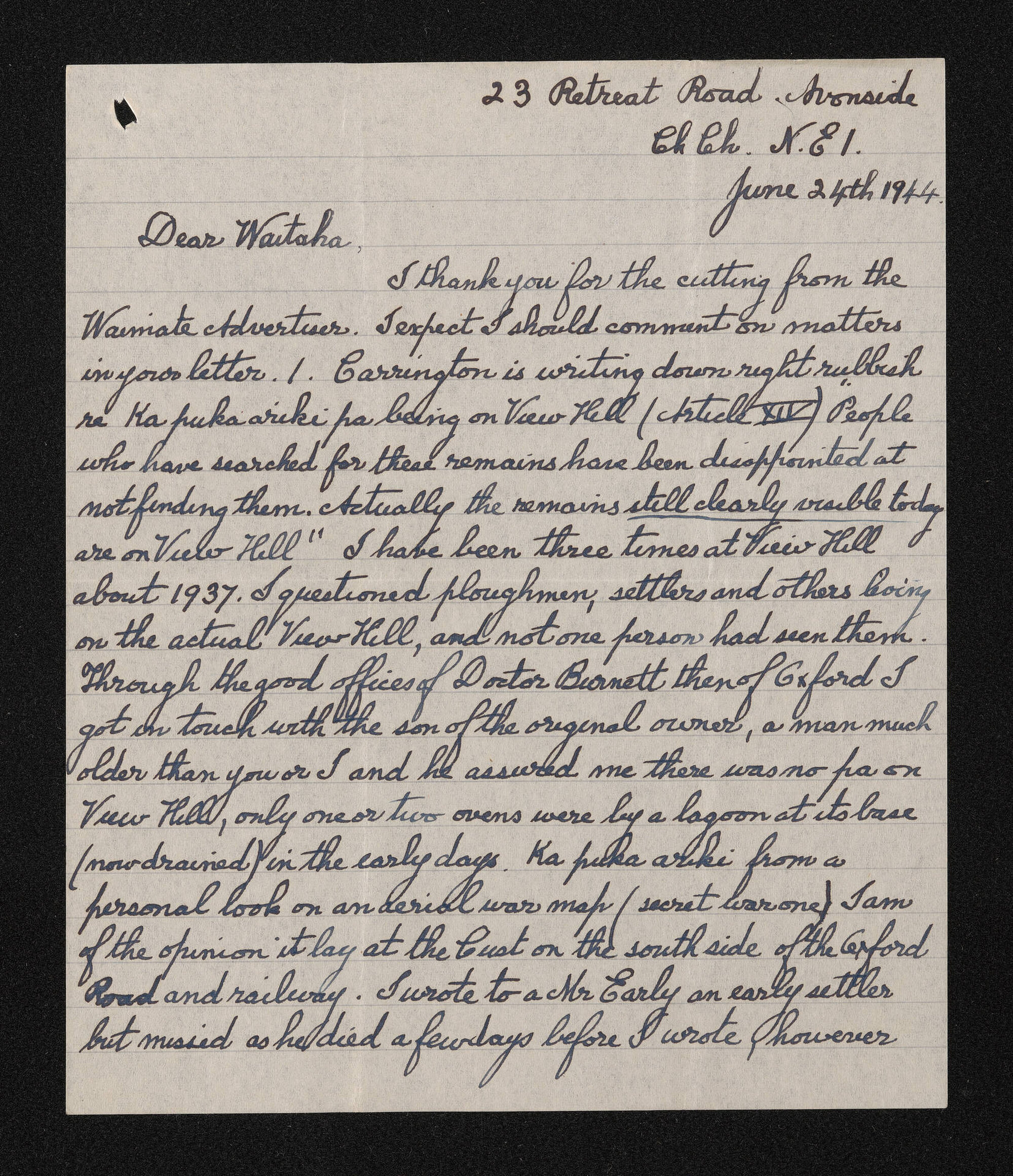 Letter, 24 June 1944, from Wiremu Teira, to Waitaha [Herries Beattie]