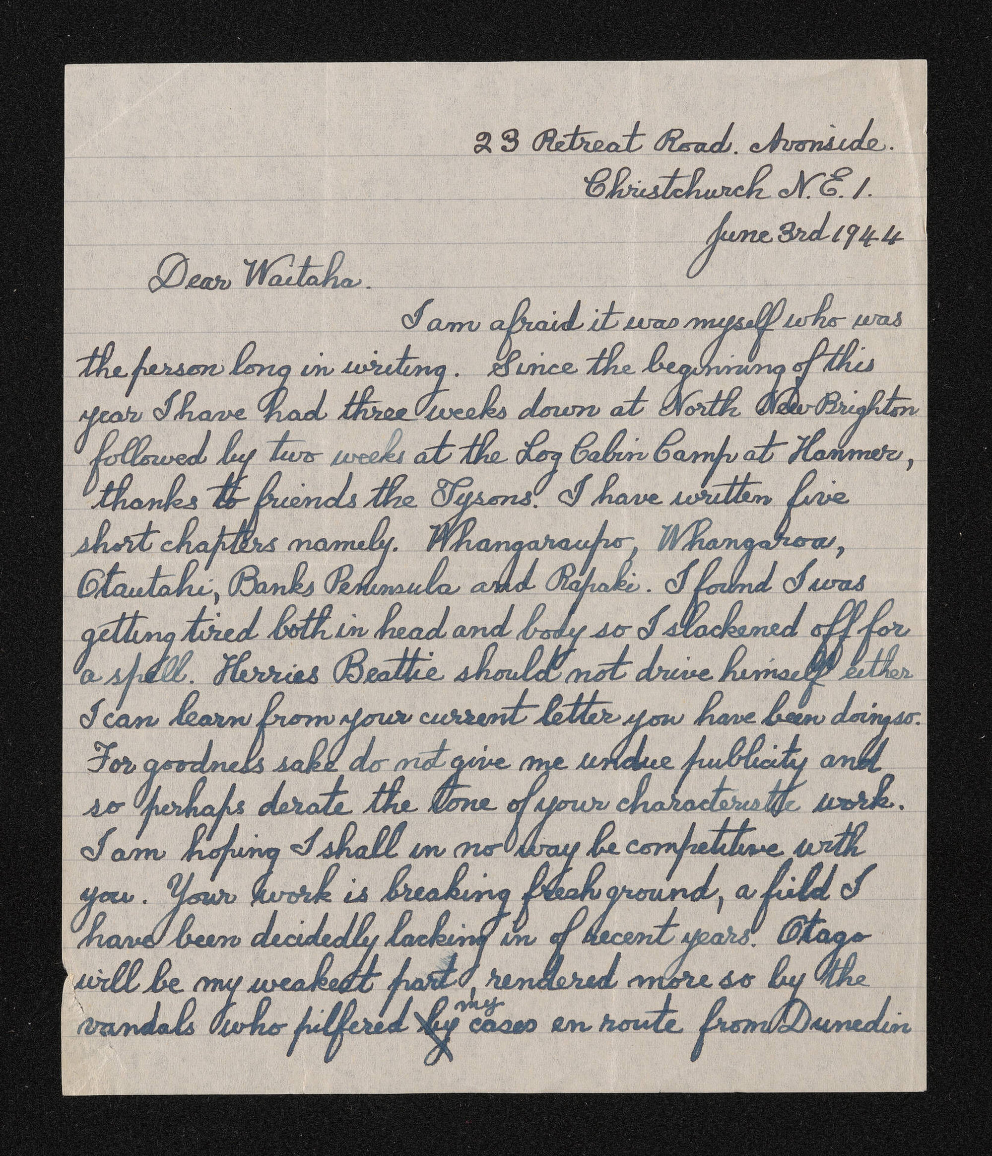 Letter, 3 June 1944, from Wiremu Teira, to Waitaha [Herries Beattie]
