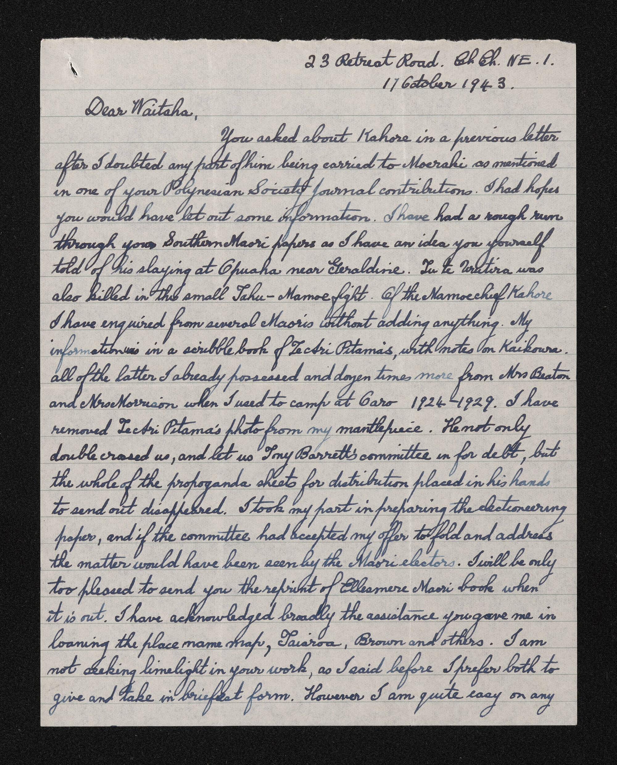 Letter, 11 October 1943, from Wiremu Teira, to Waitaha [Herries Beattie]