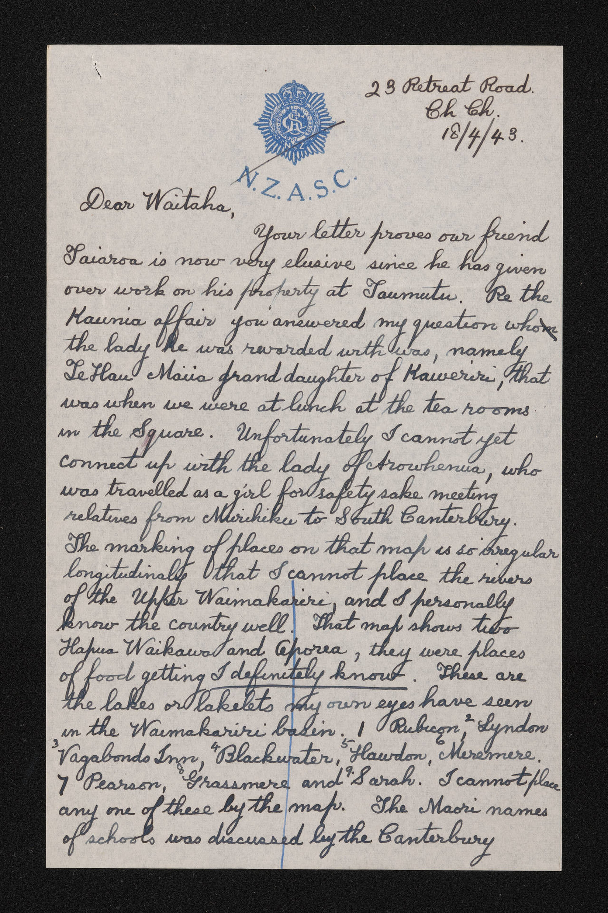 Letter, 18 March 1943, from Wiremu Teira, to Waitaha [Herries Beattie]