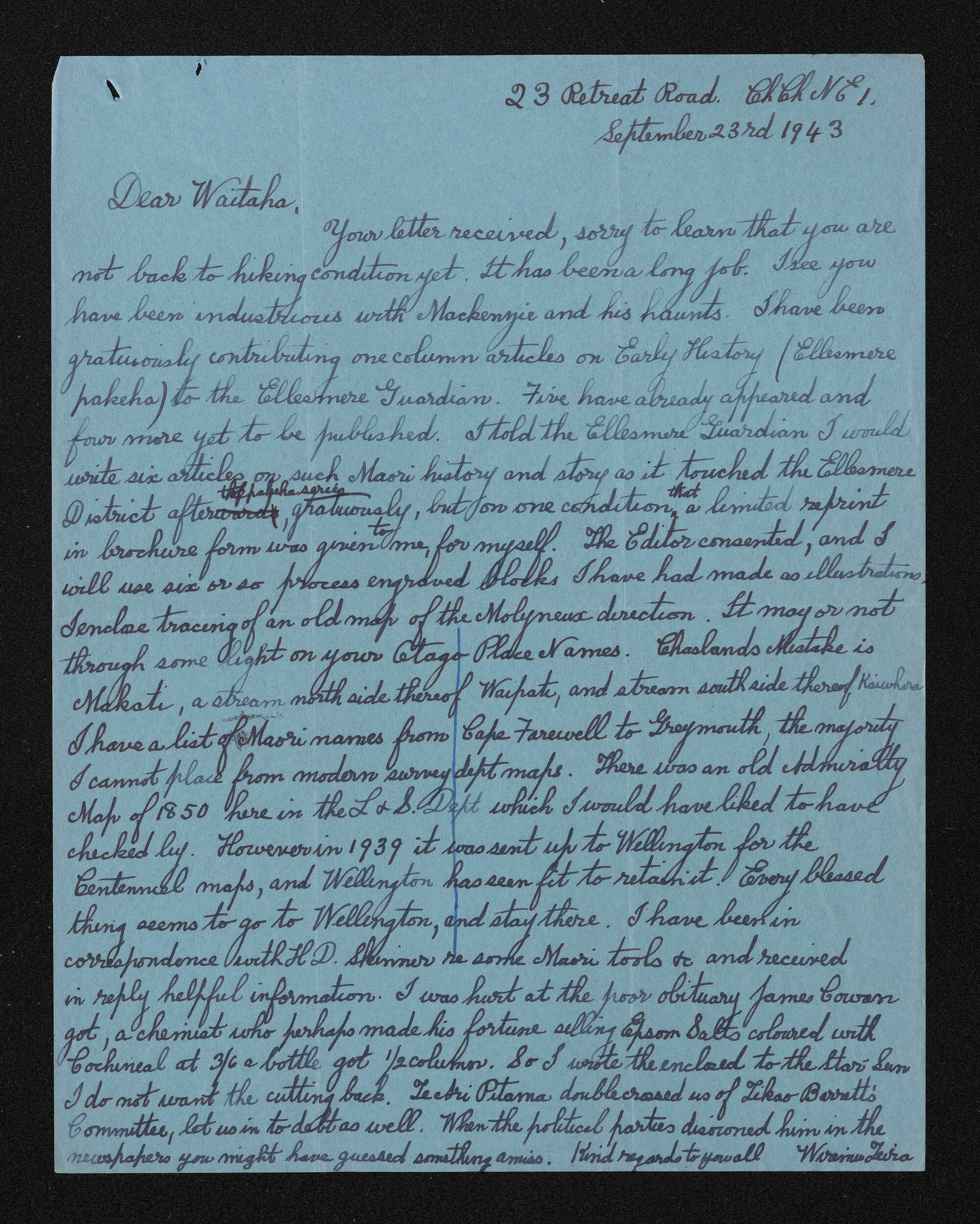 Letter, 23 September 1943, from Wiremu Teira, to Waitaha [Herries Beattie]
