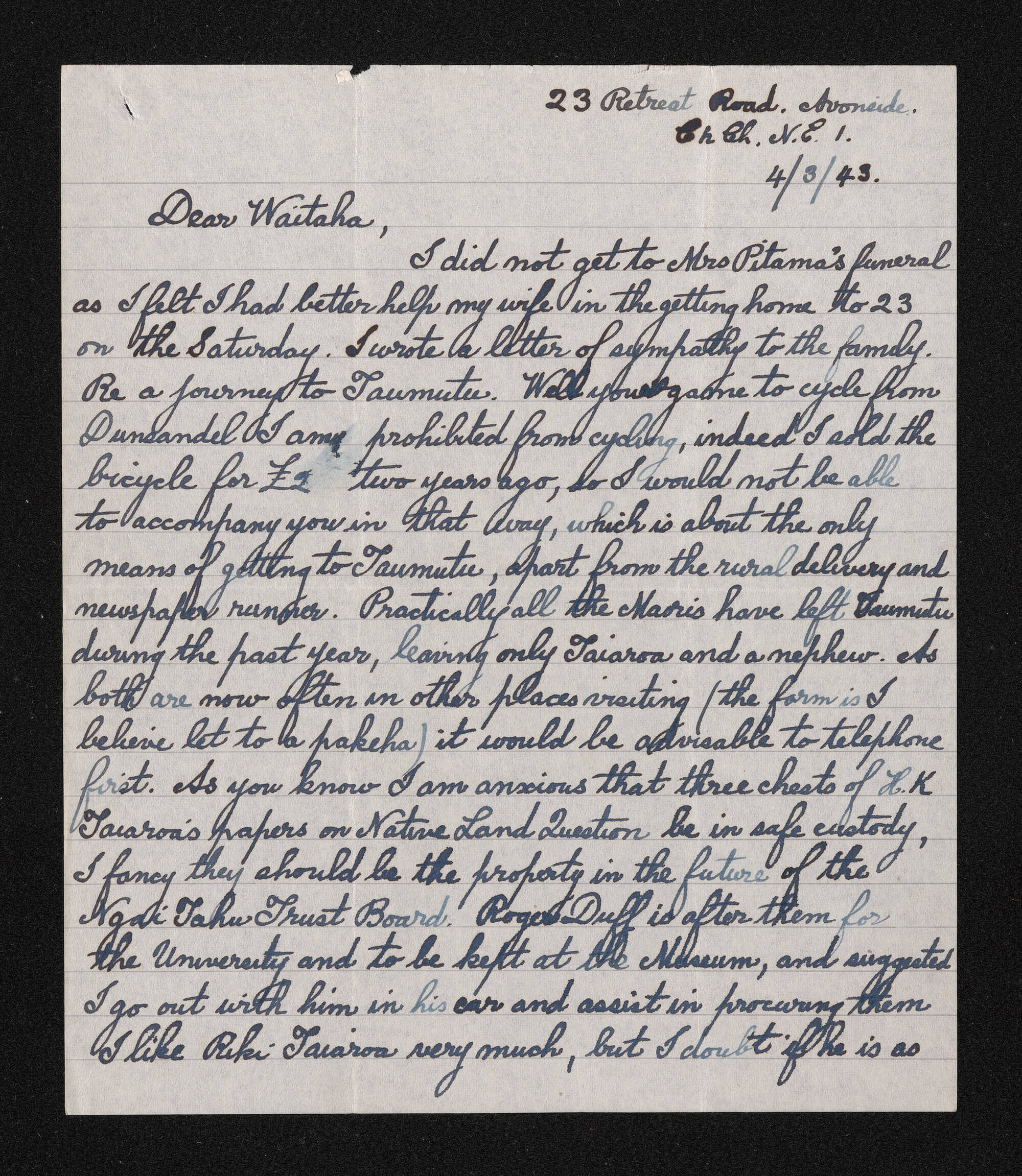 Letter, 4 March 1943, from Wiremu Teira, to Waitaha [Herries Beattie]