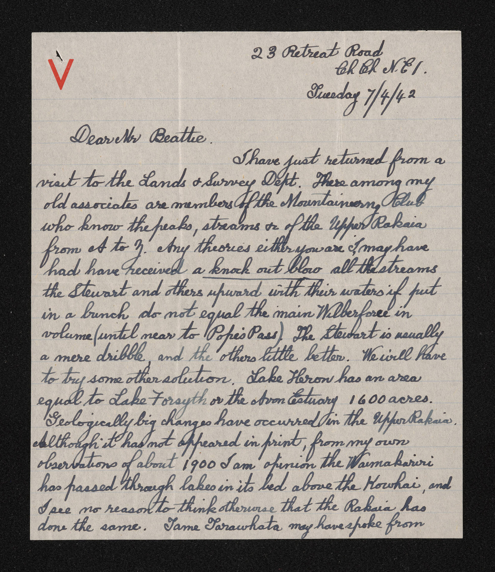Letter, 7 April 1942, from W.A. Taylor, to Herries Beattie