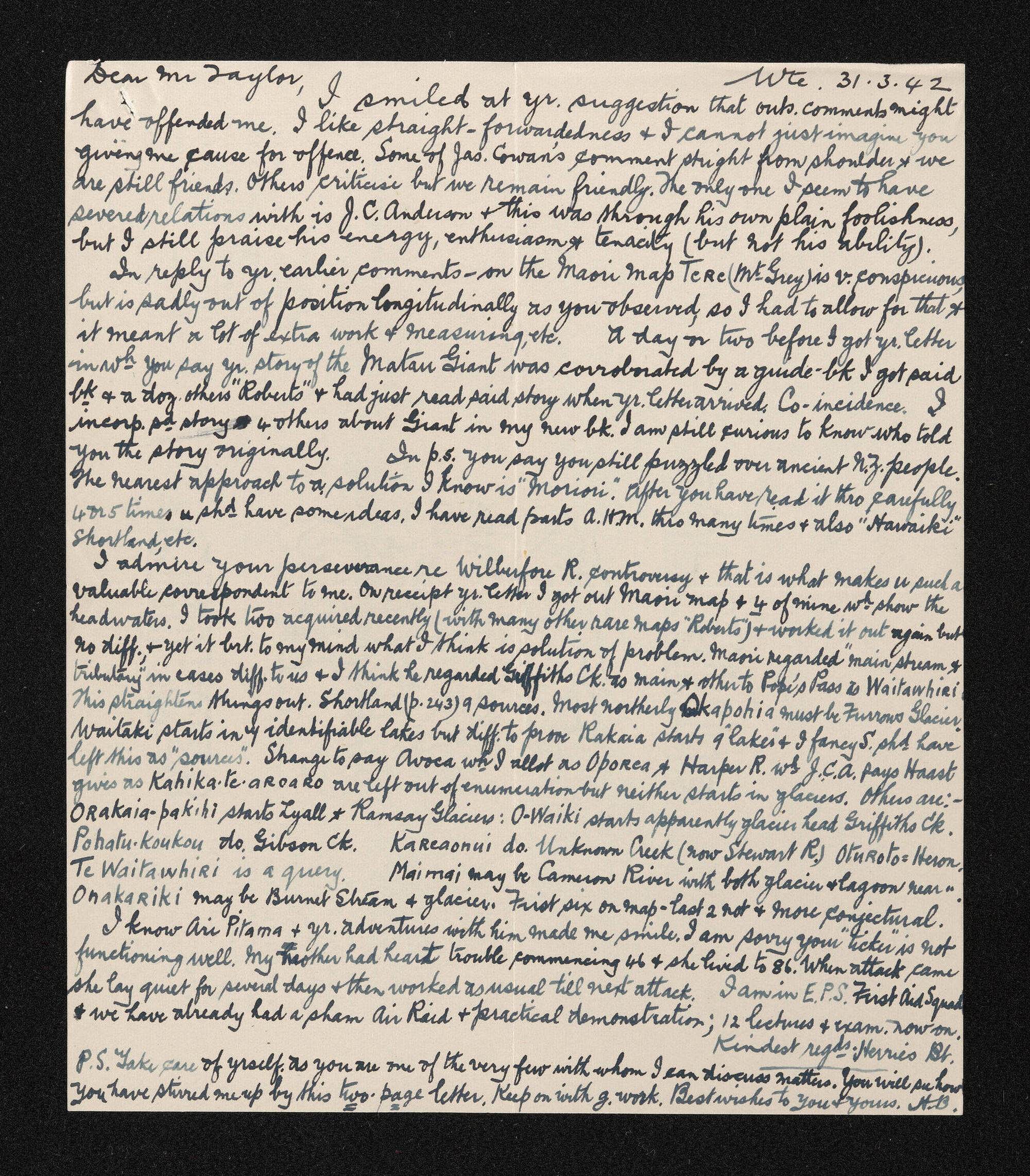 Letter [copy], 31 March 1942, from Herries Beattie, to William Taylor