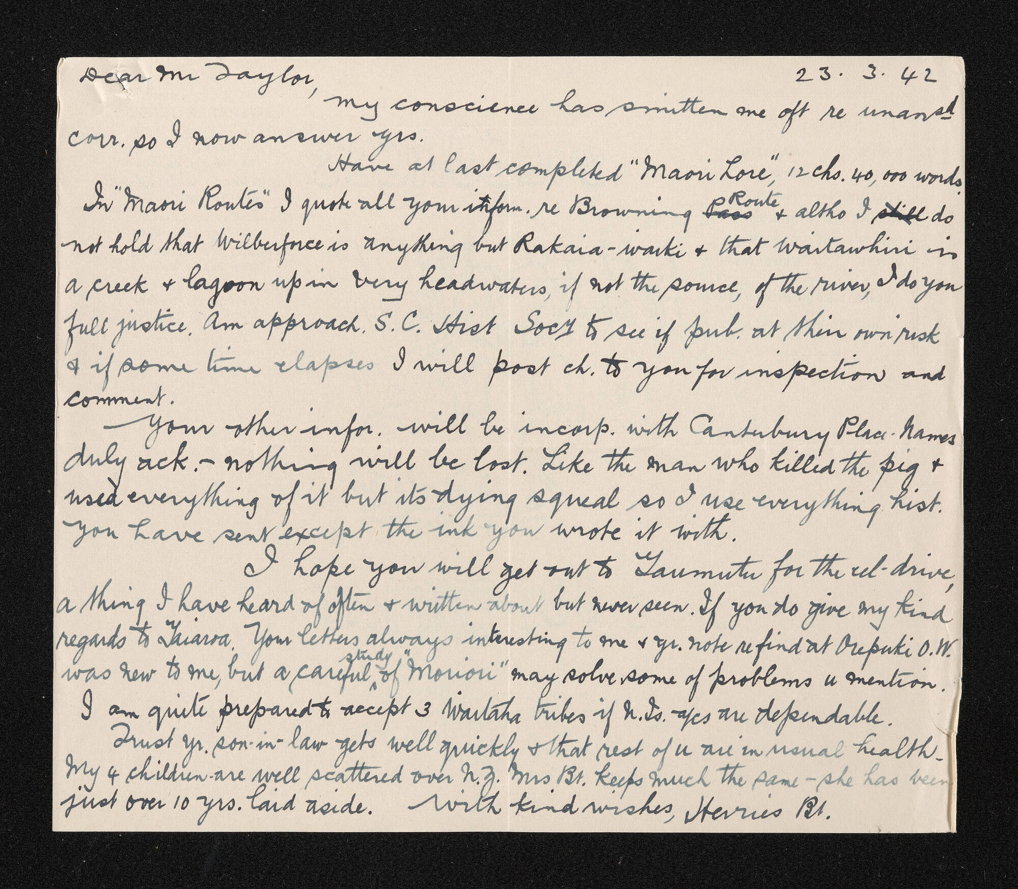 Letter [copy], 23 March 1942, from Herries Beattie, to William Taylor