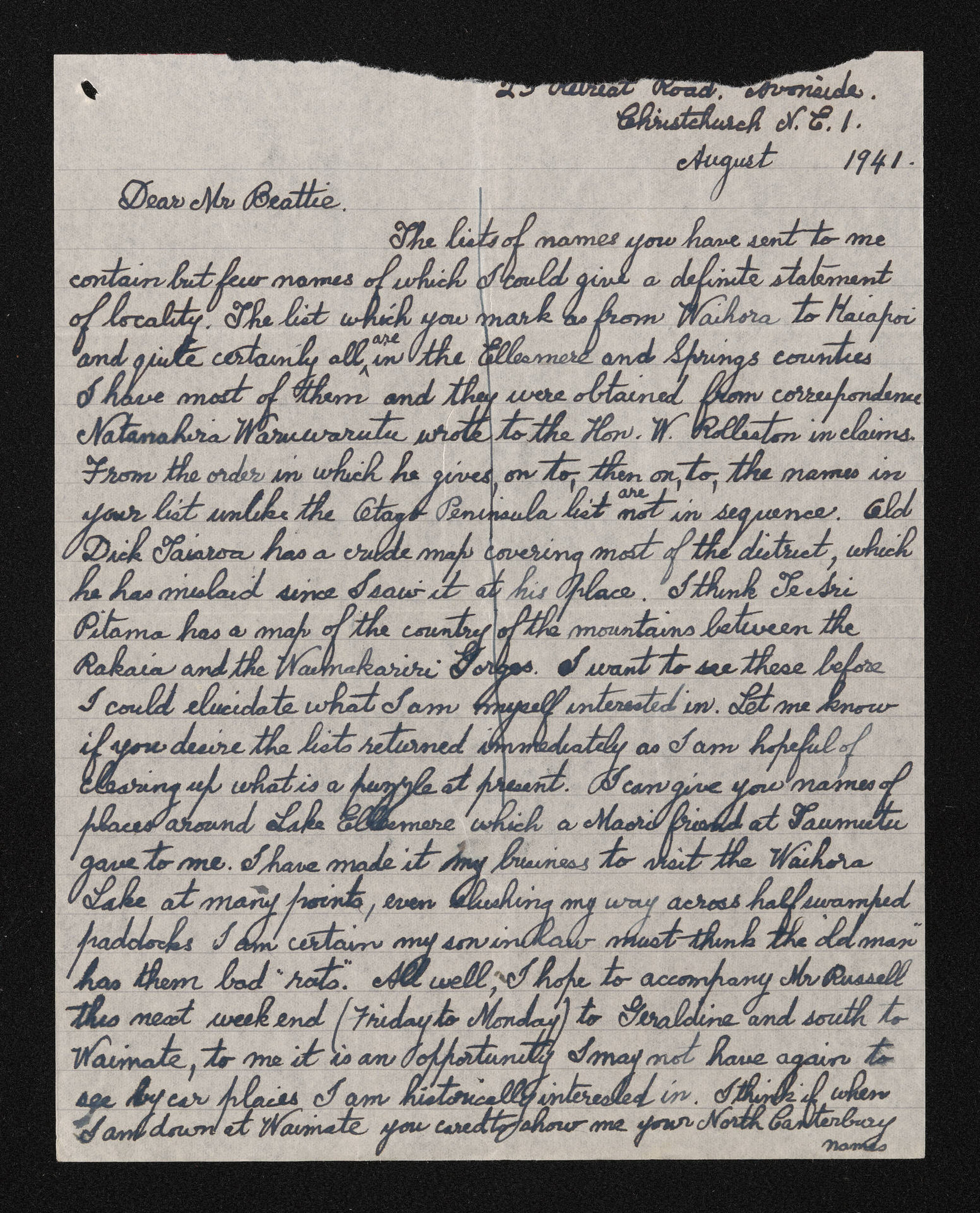 Letter, August 1941, from W.A. Taylor, to Herries Beattie