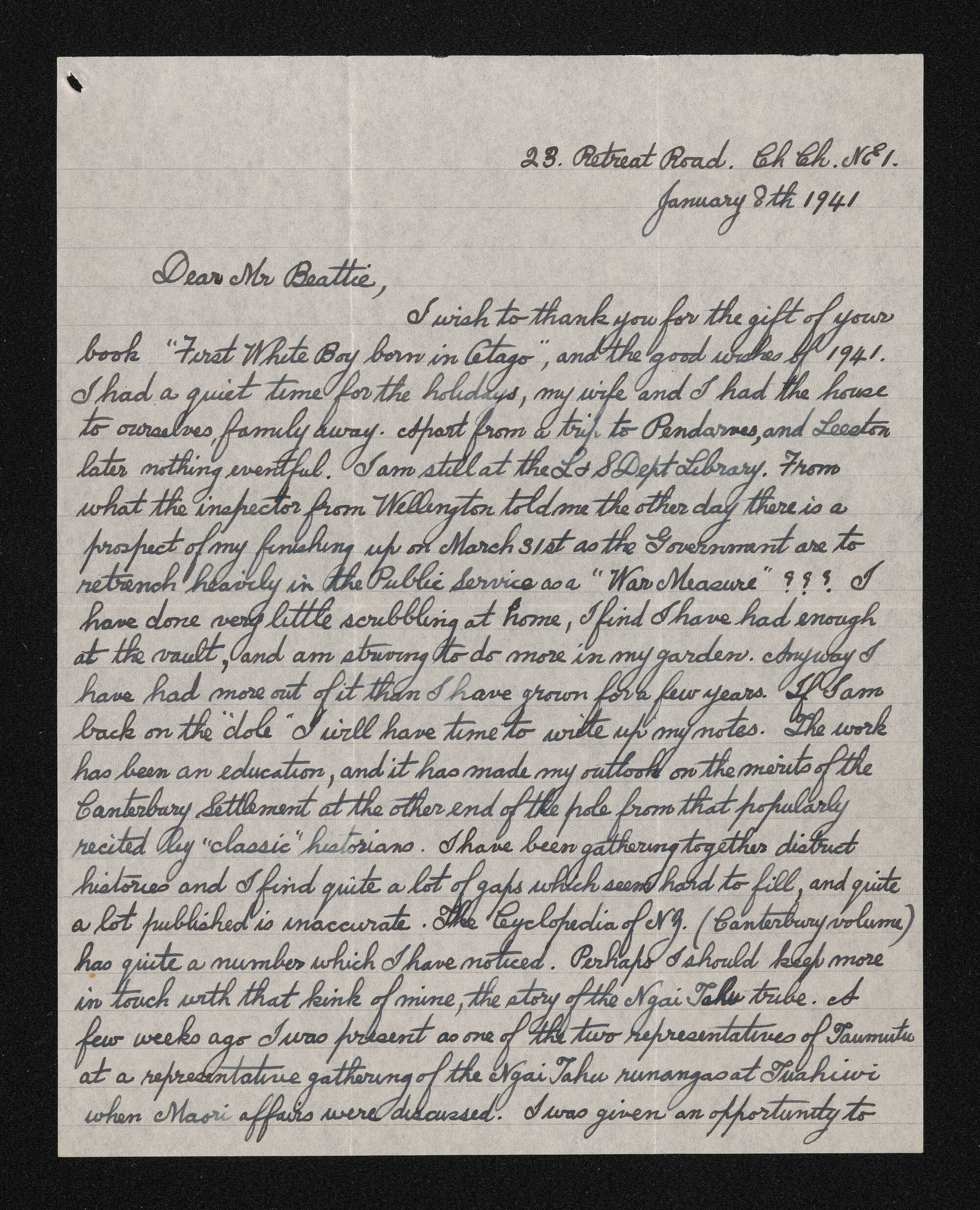 Letter, 8 January 1941, from Wm A. Taylor, to Herries Beattie
