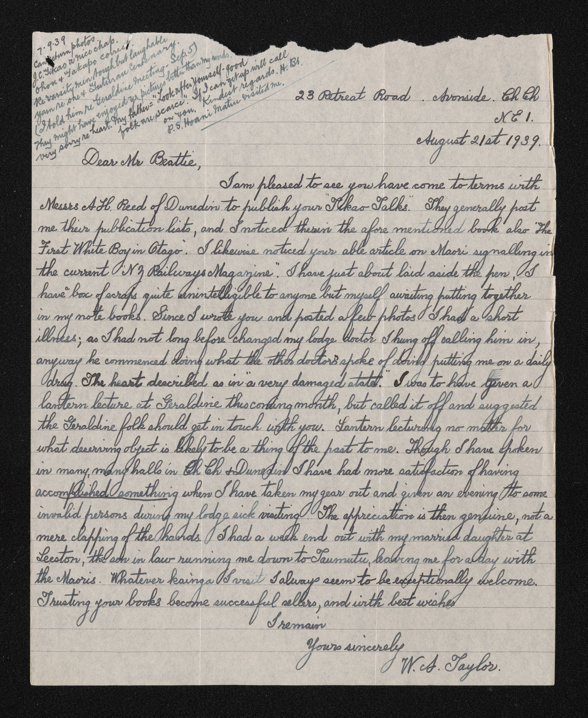 Letter, 21 August 1939, from W.A. Taylor, to Herries Beattie