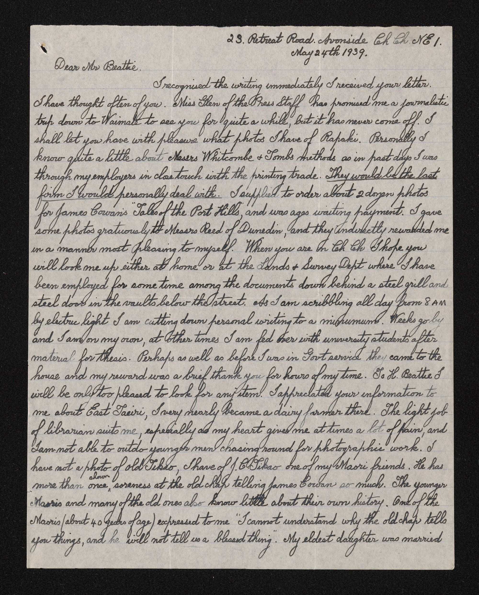 Letter, 24 May 1939, from W.A. Taylor, to Herries Beattie
