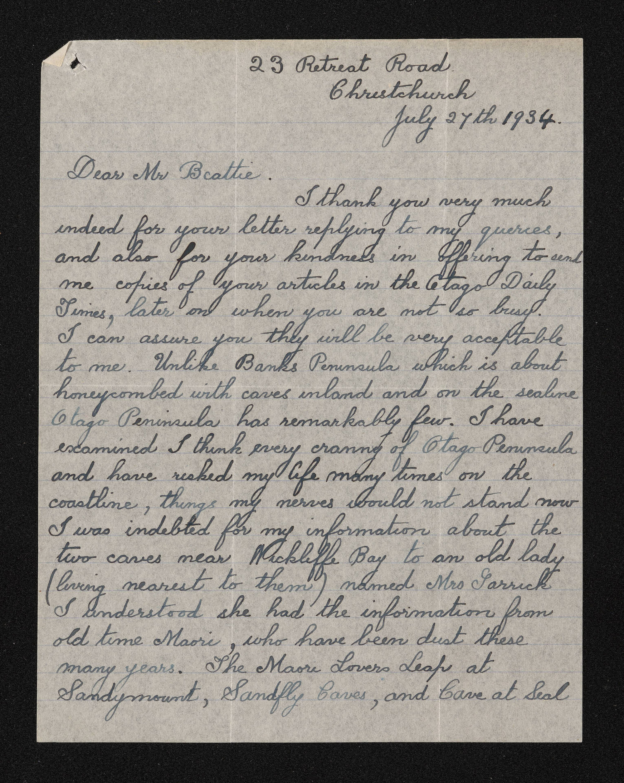 Letter, 27 July 1934, from Wm A. Taylor, to Herries Beattie