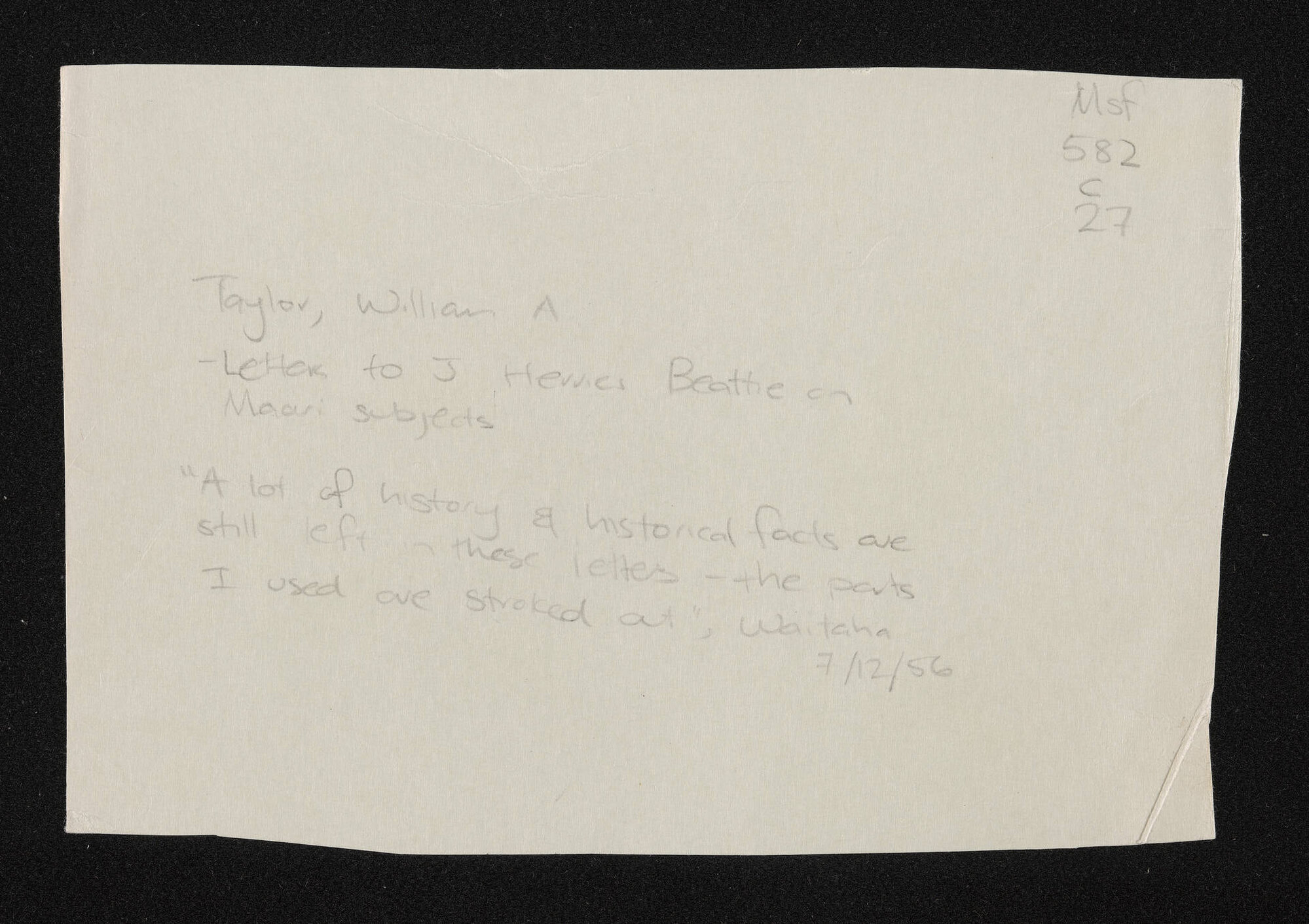 Cover note, 7 December 1956, Herries Beattie