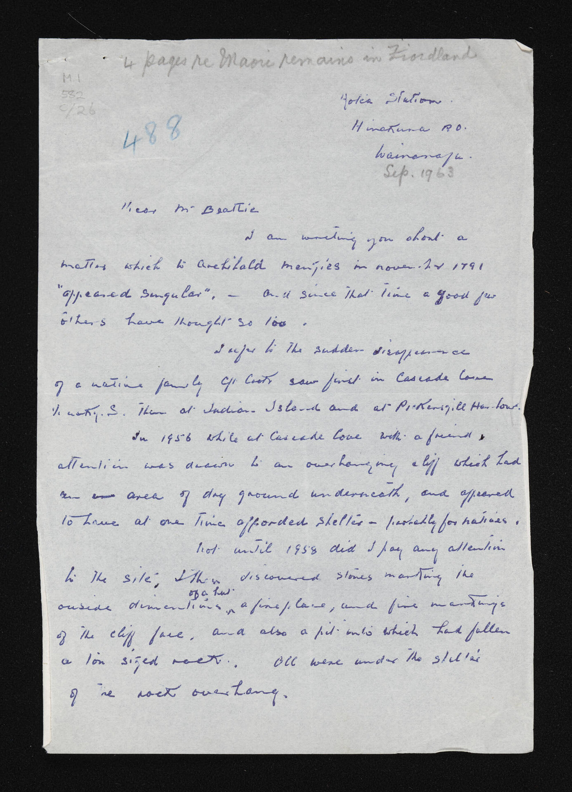 Letter, September 1963, from Kenneth R. Sutherland, to Herries Beattie