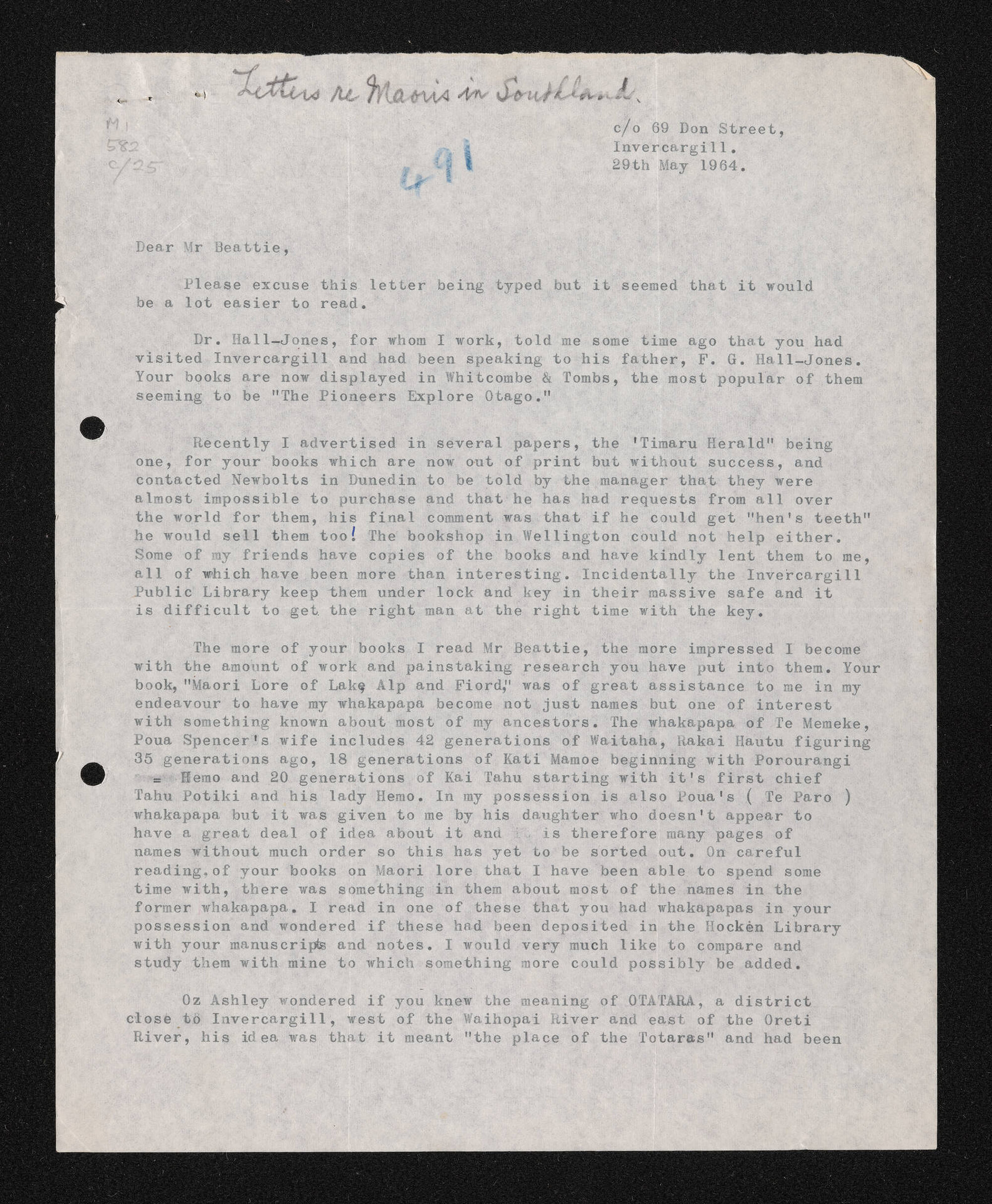 Letter, 29 May 1964, from June Spencer, to Herries Beattie