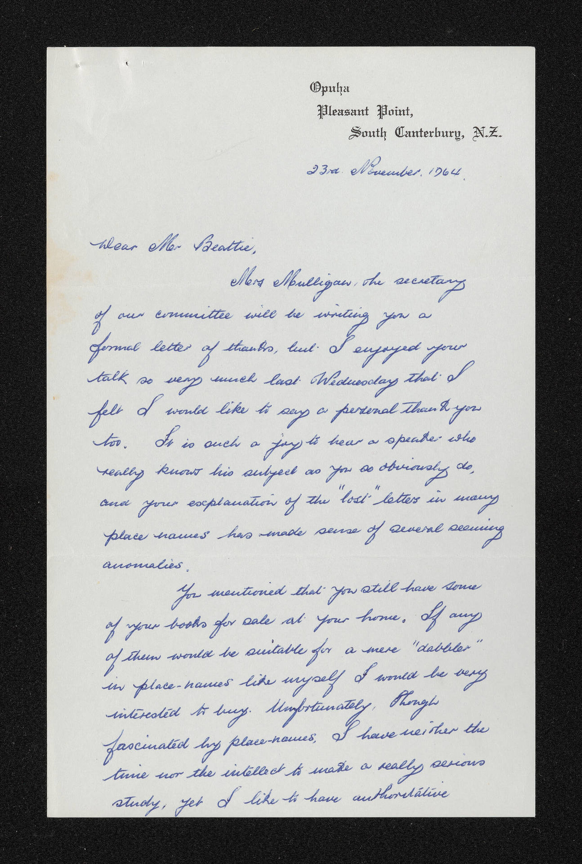 Letter, 23 November 1964, from Mrs A. Talbot, to Herries Beattie