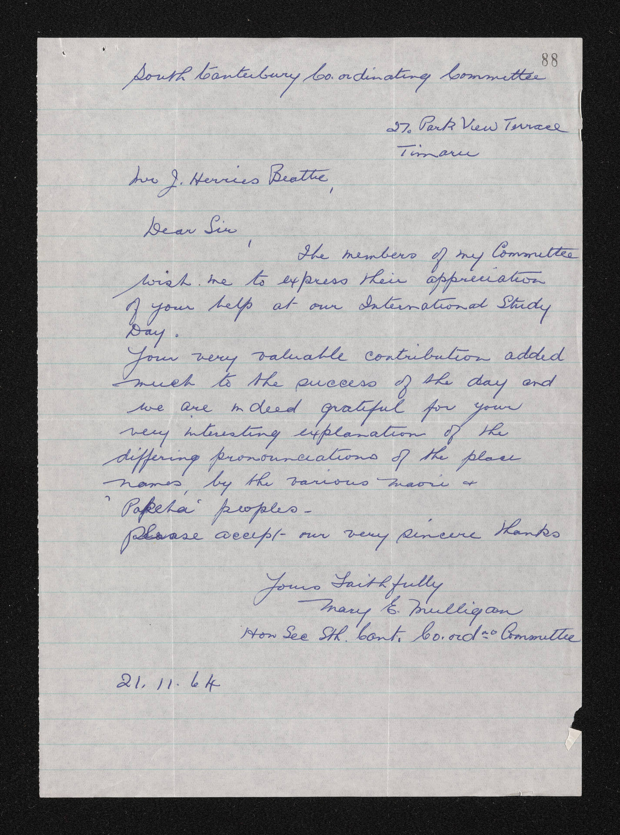 Letter, 21 November 1964, from Mrs M.E. Mulligan, to Herries Beattie