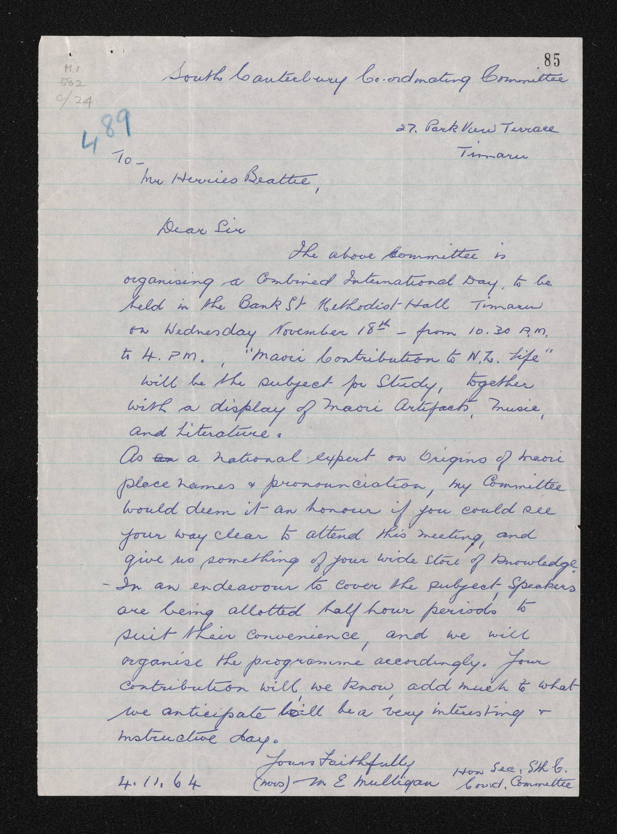 Letter, 4 November 1964, from Mrs M.E. Mulligan, to Herries Beattie