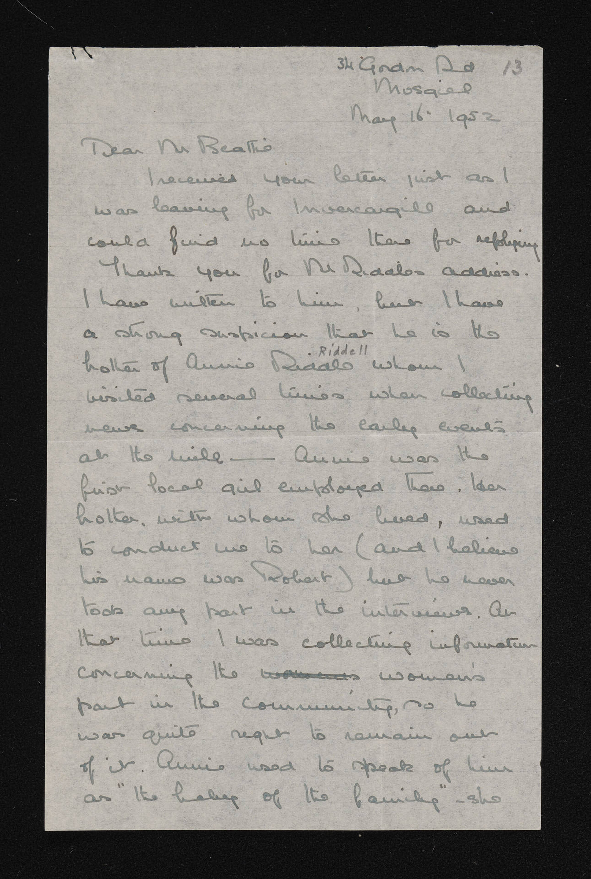 Letter, 16 May 1952, from Margaret S. Shaw, to Herries Beattie