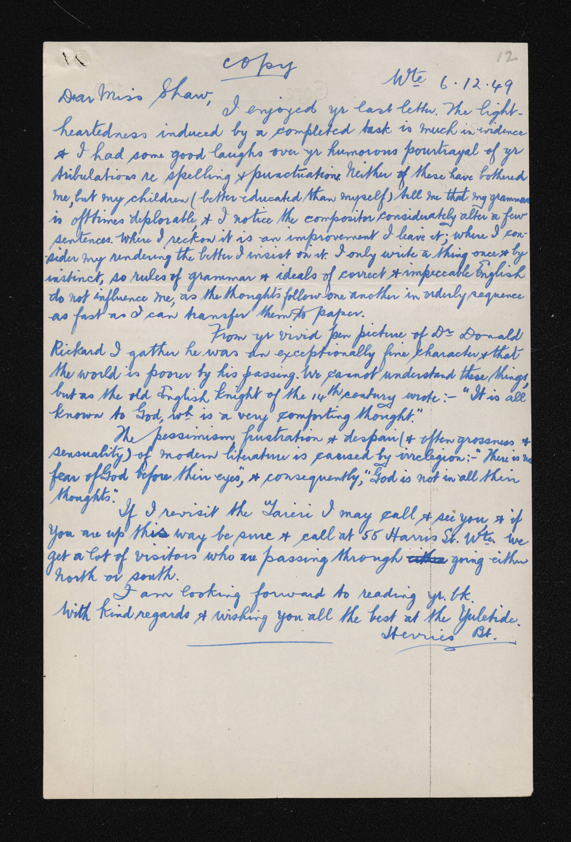 Letter [copy], 6 December 1949, from Herries Beattie, to Margaret Shaw