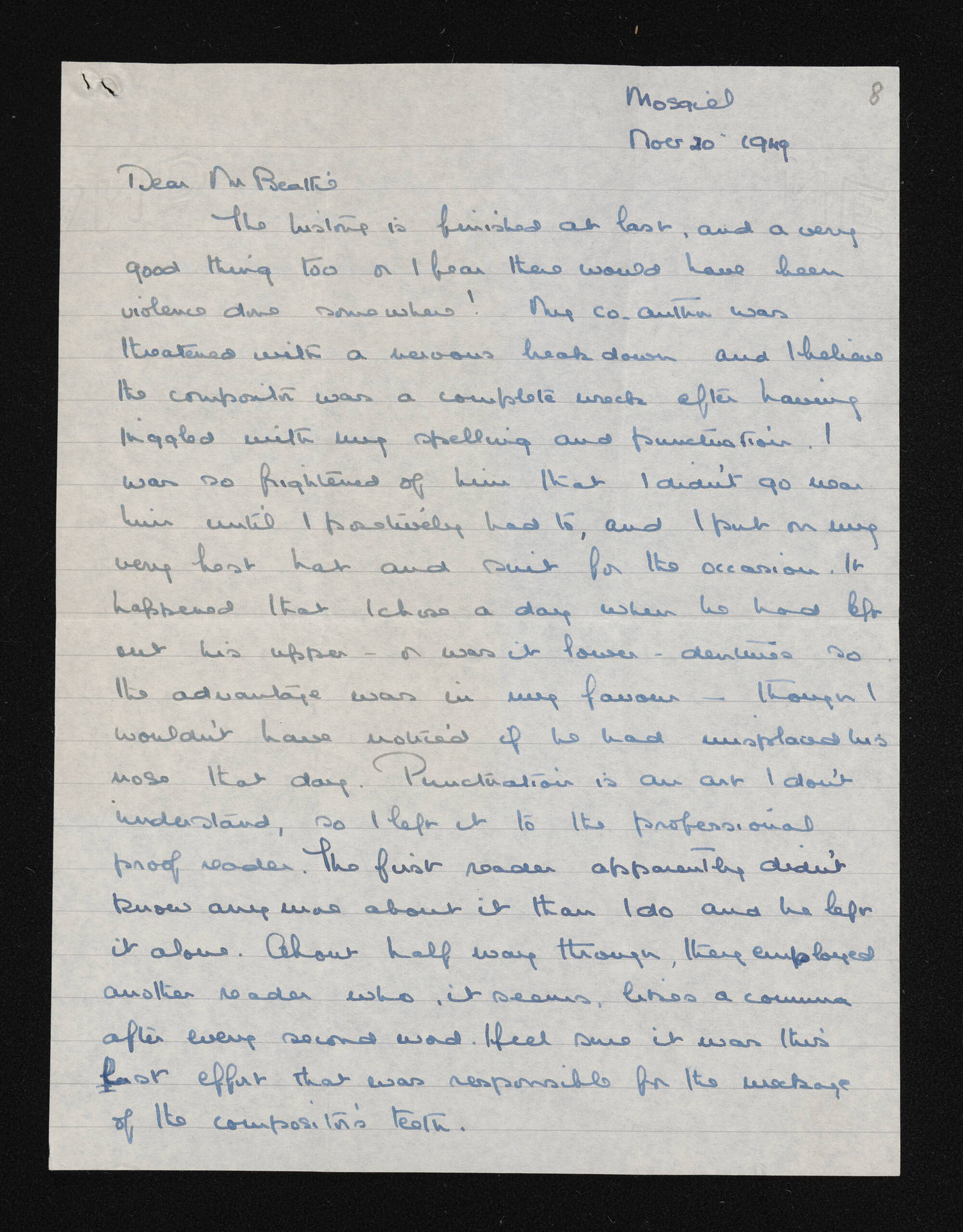 Letter, 20 November 1949, from Margaret S. Shaw, to Herries Beattie
