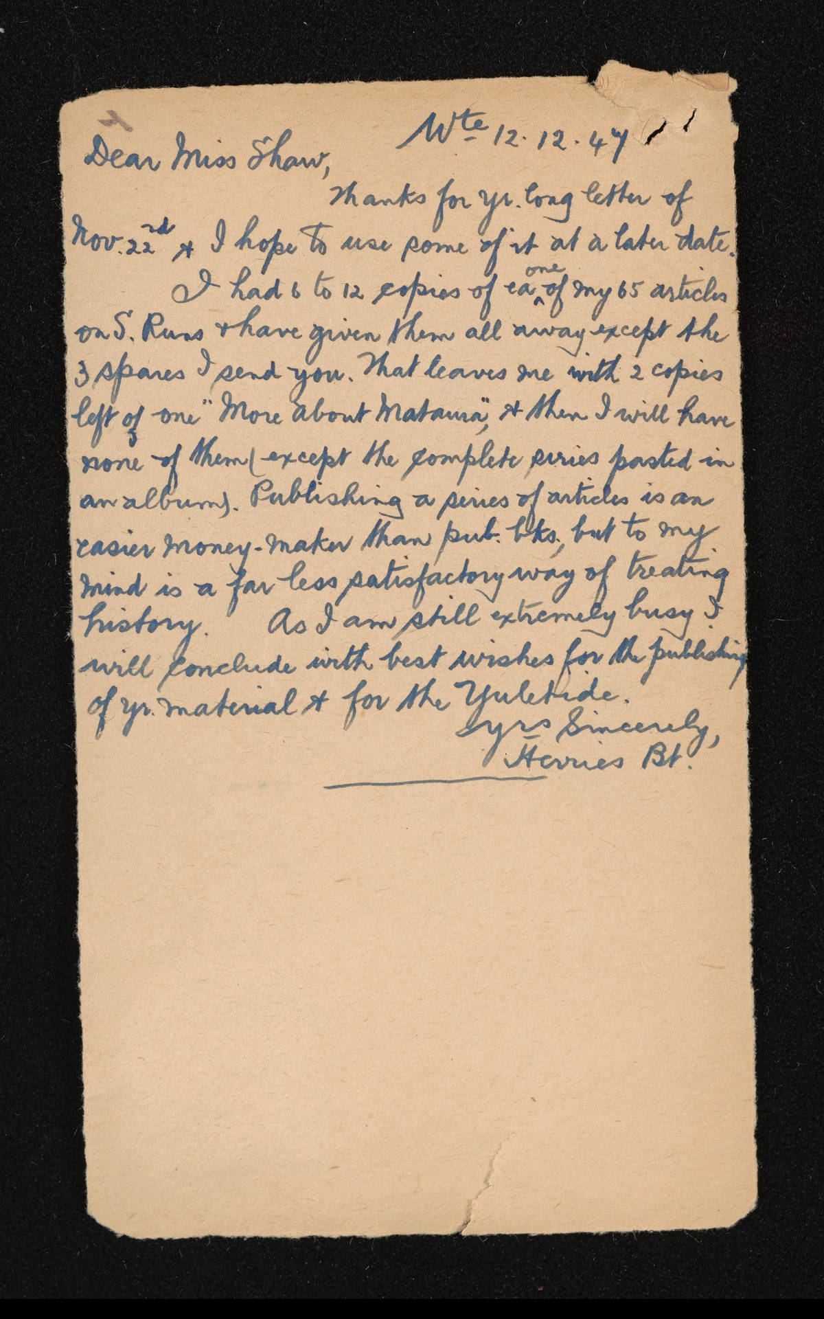 Letter [copy], 12 December 1947, from Herries Beattie, to Margaret Shaw