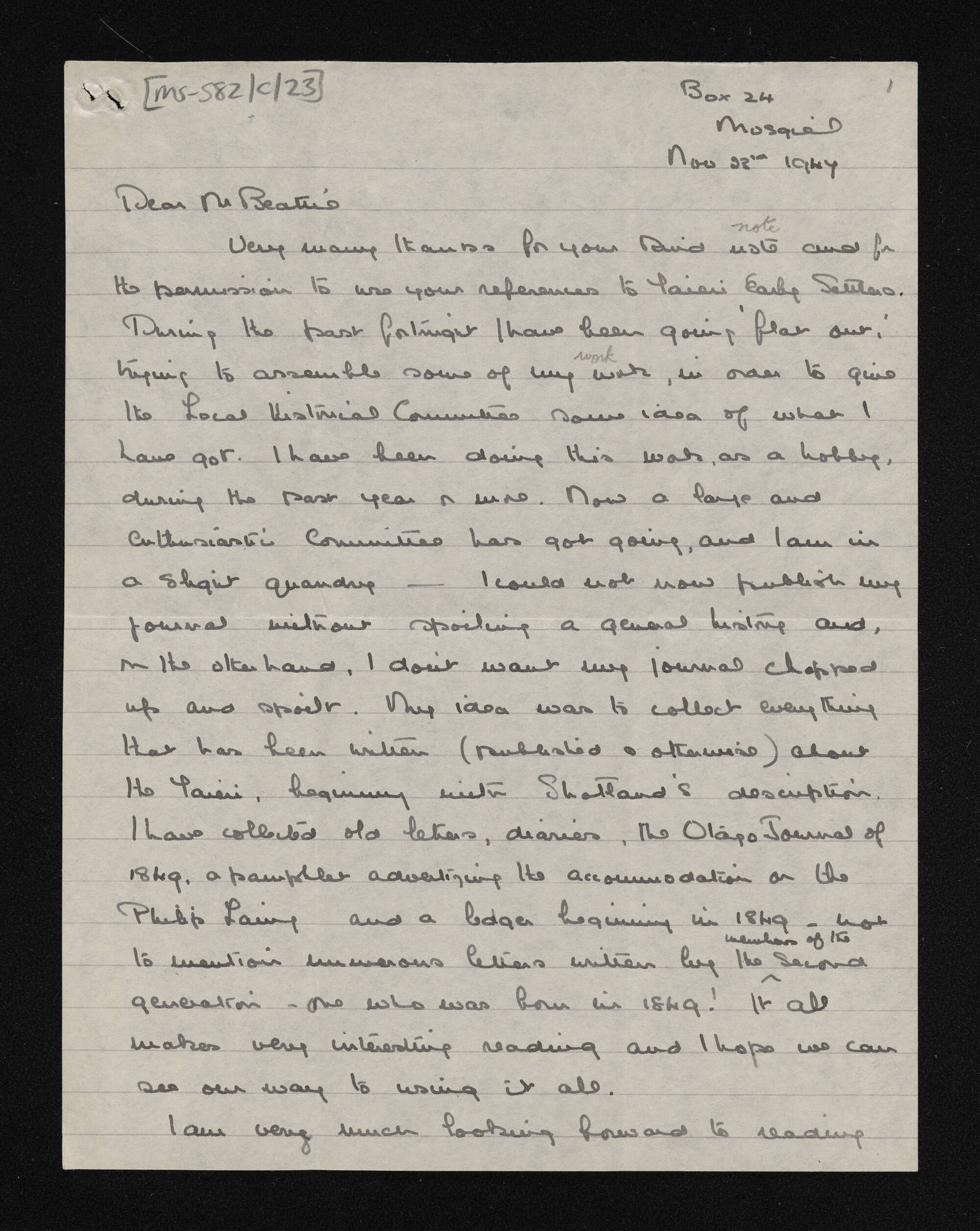 Letter, 23 November 1947, from Margaret S. Shaw, to Herries Beattie