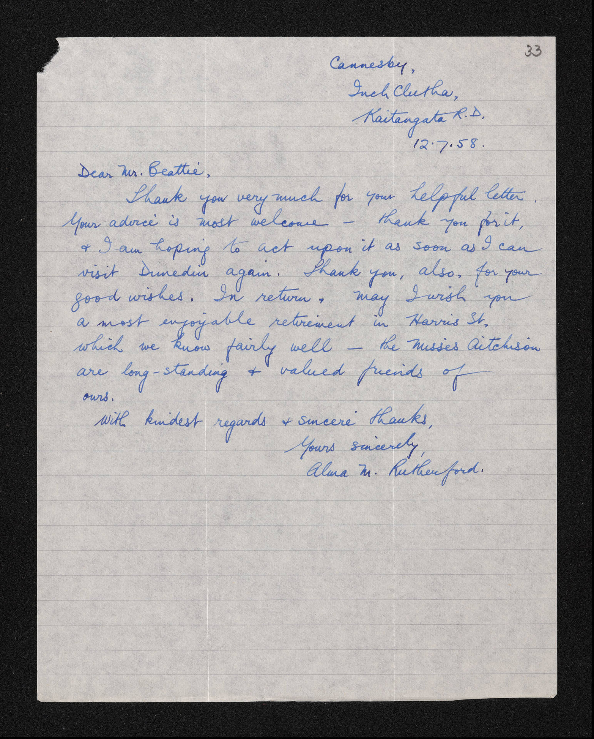Letter, 1 July 1958, from Alma Rutherford, to Herries Beattie