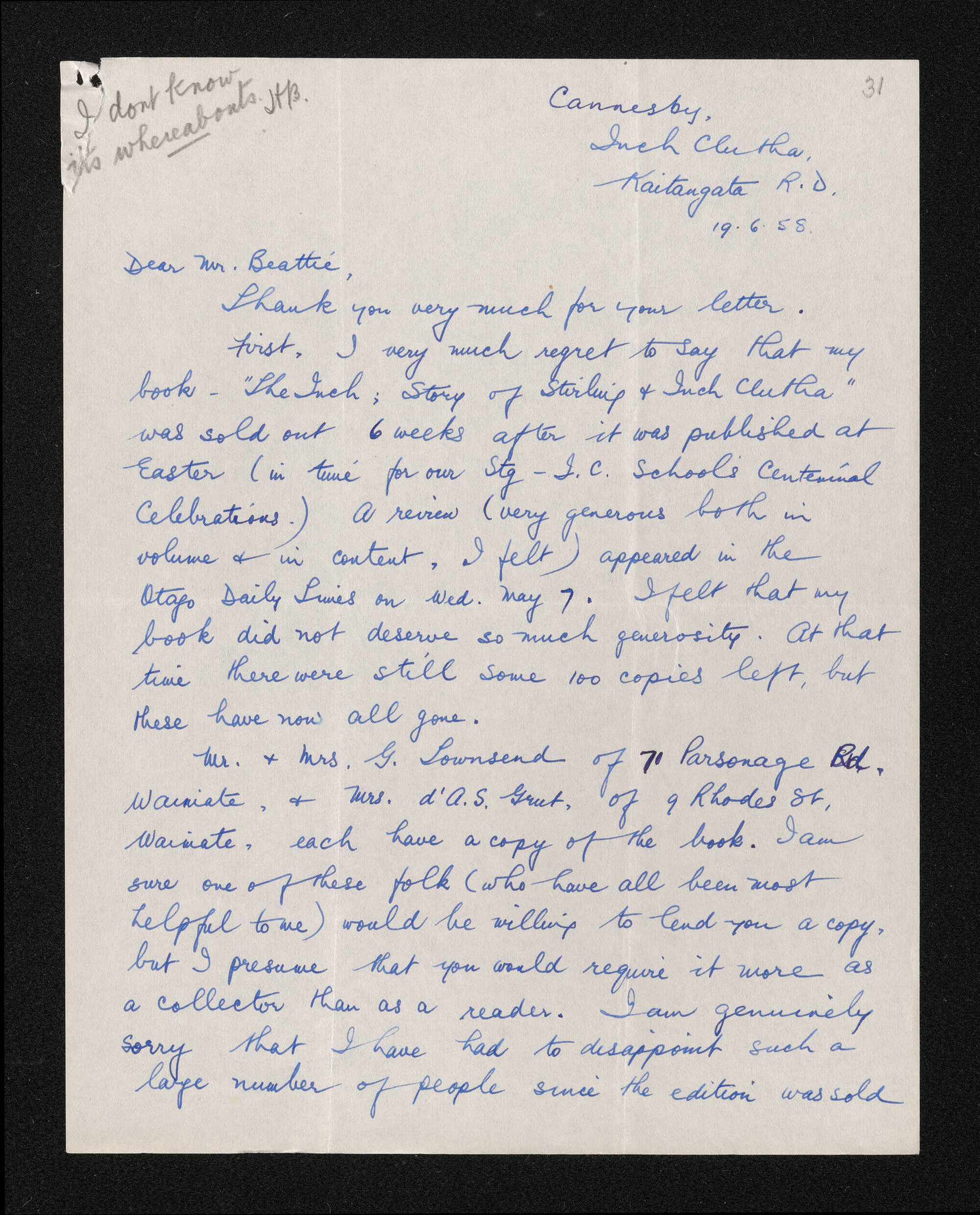 Letter, 19 June 1958, from Alma Rutherford, to Herries Beattie
