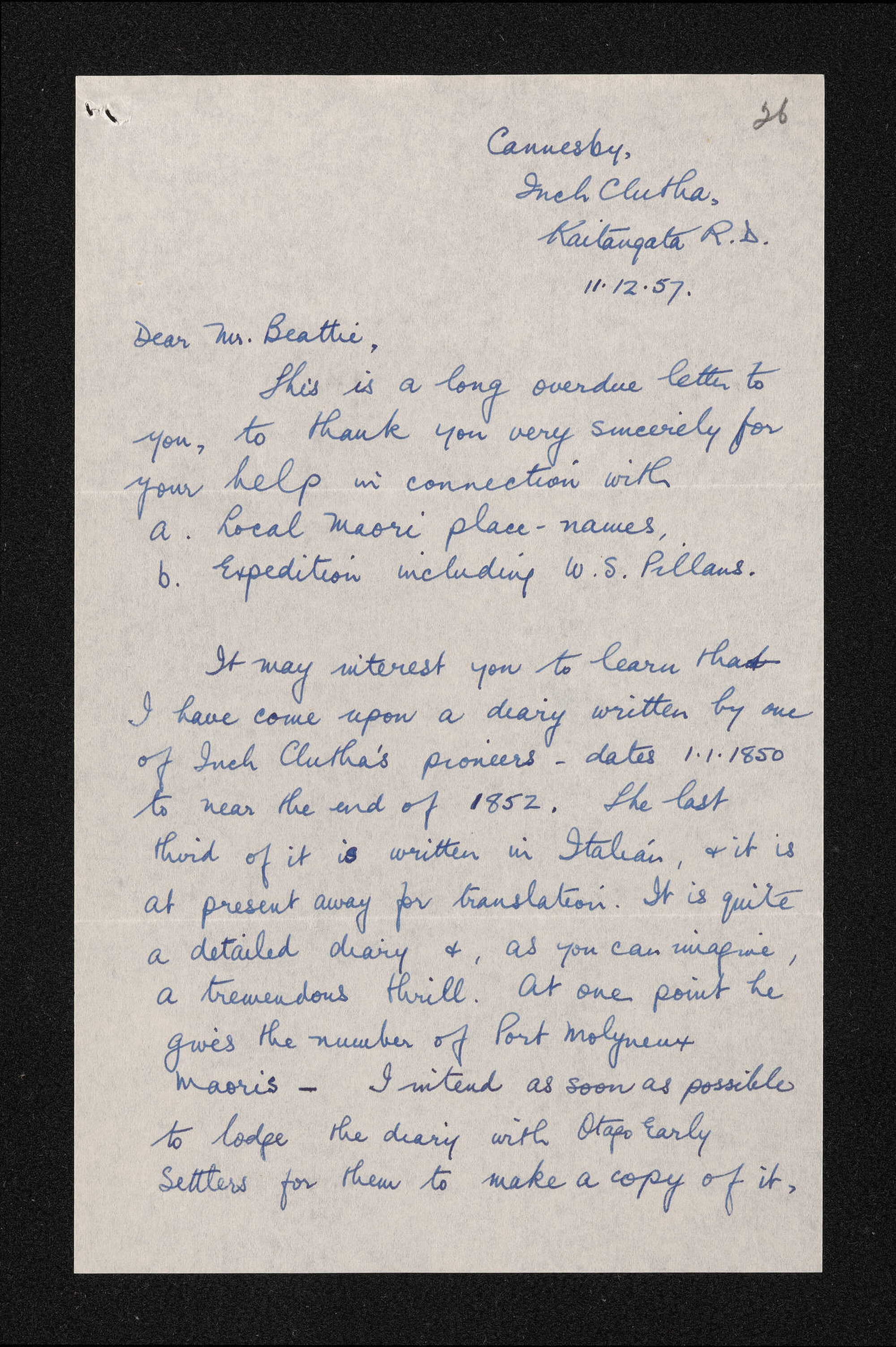 Letter, 11 December 1957, from Alma Rutherford, to Herries Beattie